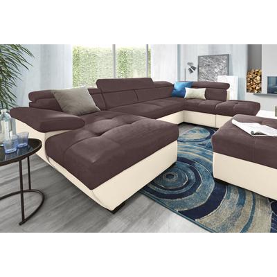 Polstergarnitur COTTA "Speedway U-Form", braun (creme, braun), B:332cm, Sitzmöbel-Sets, Set bestehend aus: Wohnlandschaft mit Kopfteilverstellung & Hocker Image