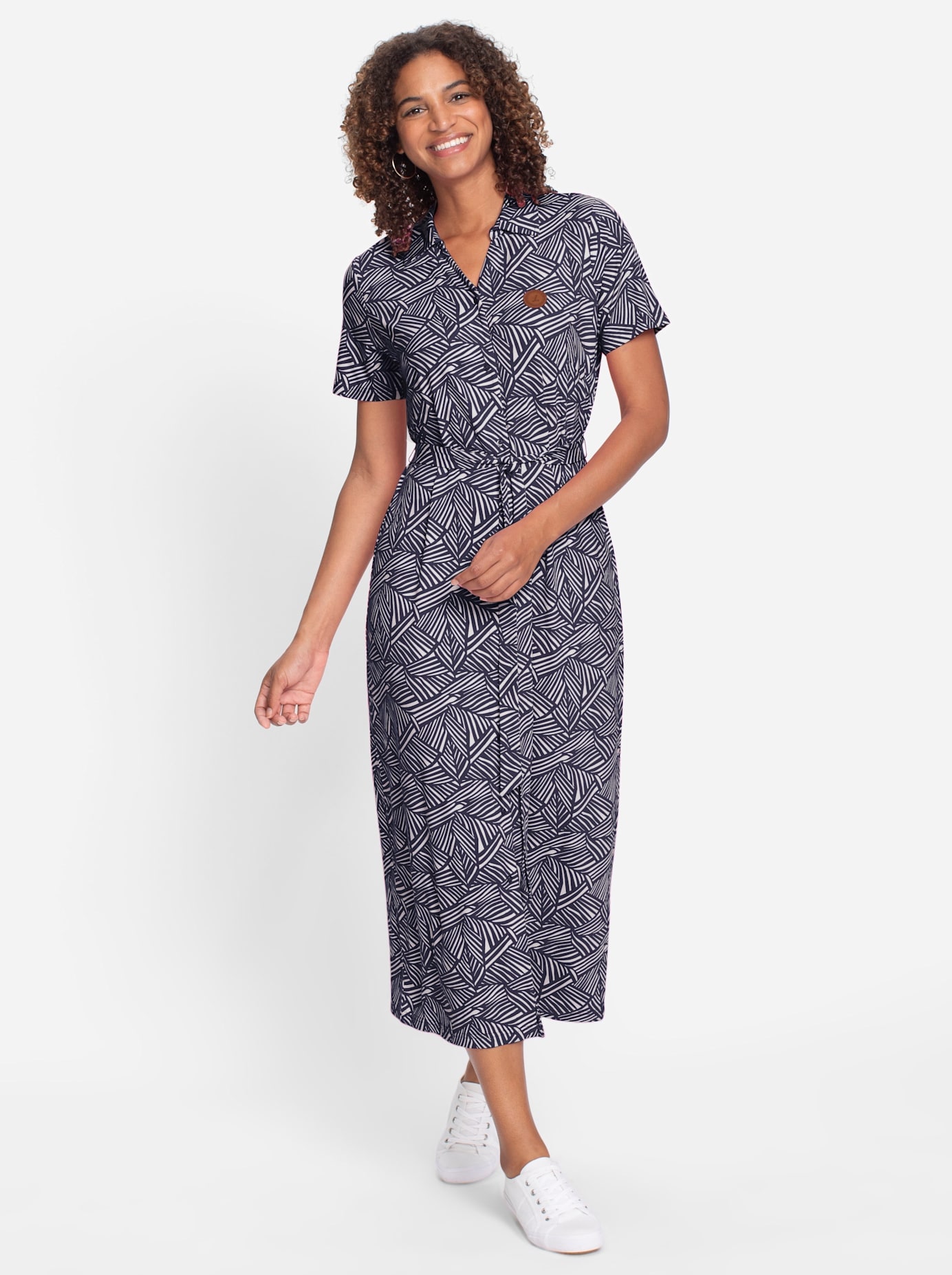 Jerseykleid CASUAL LOOKS "Jersey-Kleid", Damen, Gr. 24, Kurzgrößen, blau (marine, weiß, bedruckt), Jersey, 95% Viskose, 5% Elasthan, gemustert, mehrfarbig, lang, V-Ausschnitt, Kleider Jerseykleid