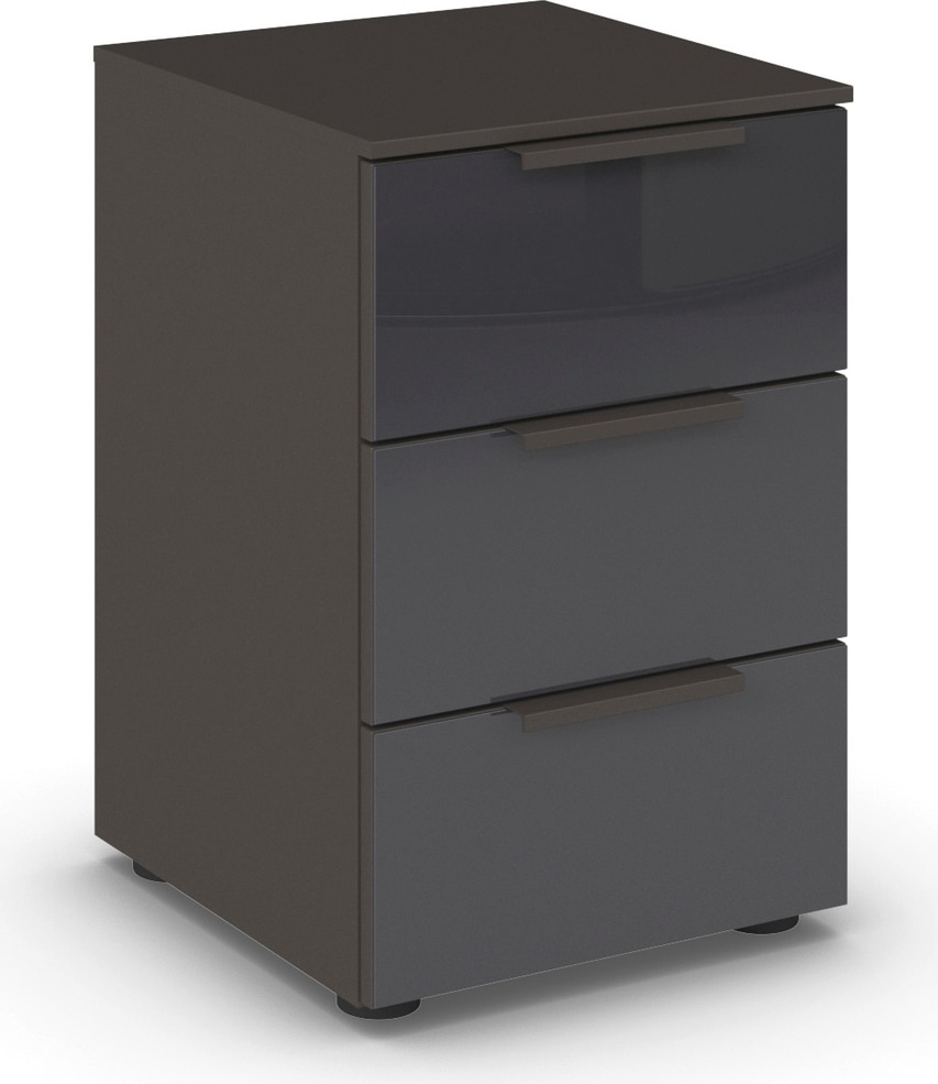 Nachtkommode RAUCH "Nachttisch Nachtschrank Nachtkonsole FLIPP mit Glasfront", grau (graphit, glas basalt), B:40cm H:61cm T:42cm, Holzwerkstoff, Sideboards, mit 3 Schubladen und Soft-Close-Funktion sowie Glasfront