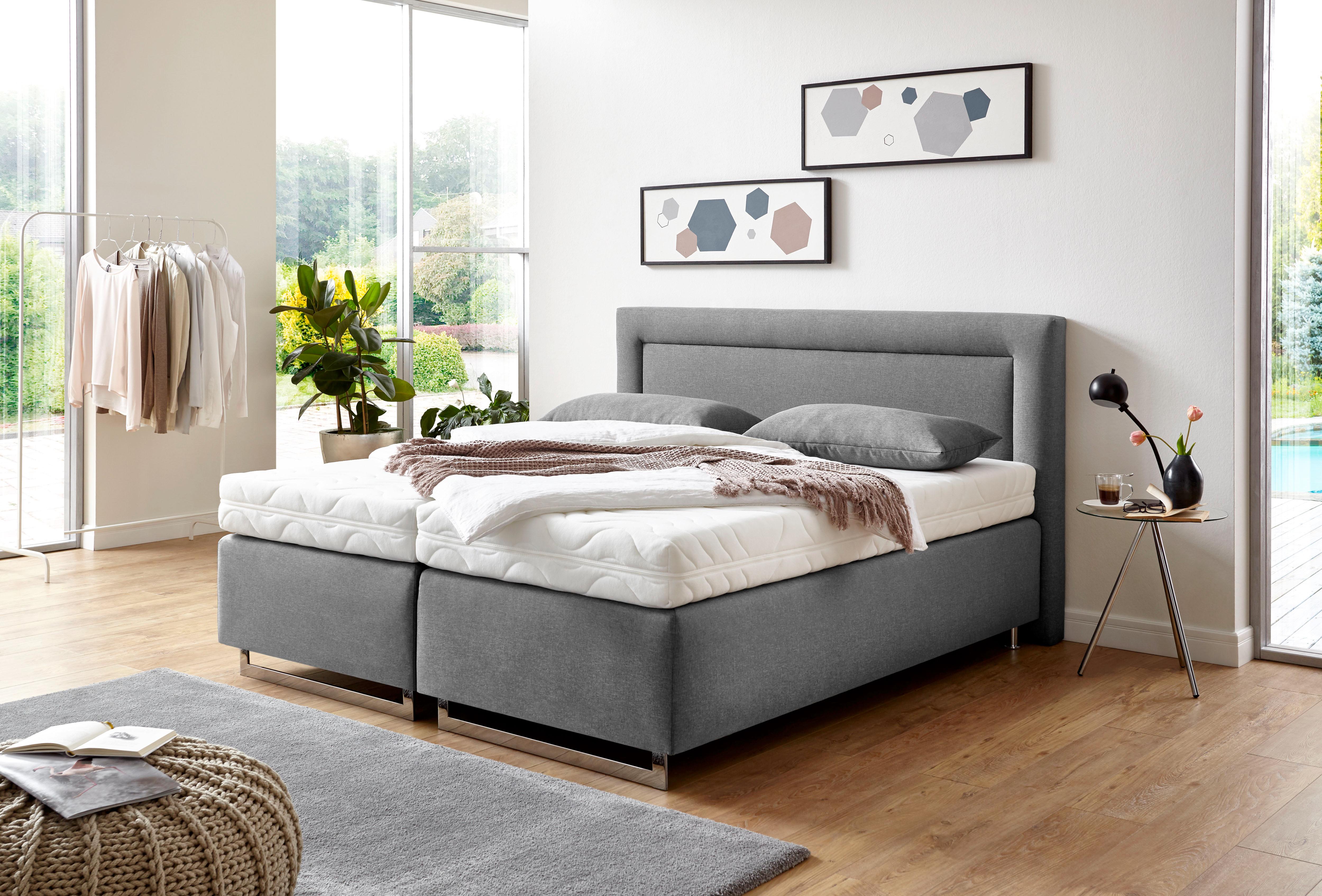 Boxspringbett, grau (feinstrukturstoff grau), Liegefläche B/L: 160cm x 200cm, H3, 7-Zonen-Kaltschaummatratze, Bezug Unterbox und Kopfteil: Feinstrukturstoff (77% Polyester, 23% Viskose);Bezug Obermatratze 100% Polyester, waschbar bis 60C;Bezug... Image
