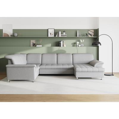 Wohnlandschaft DOMO COLLECTION "Franzi optional mit Bettfunktion, Bettkasten & Kopfteilverstellung", silber, B:352cm H:81cm T:214cm, Flachgewebe (100% Polyester), Chenille (100% Polyester), Sofas, U-Form, Recamiere links, weiß-grau, B/T: 352/214 cm Image