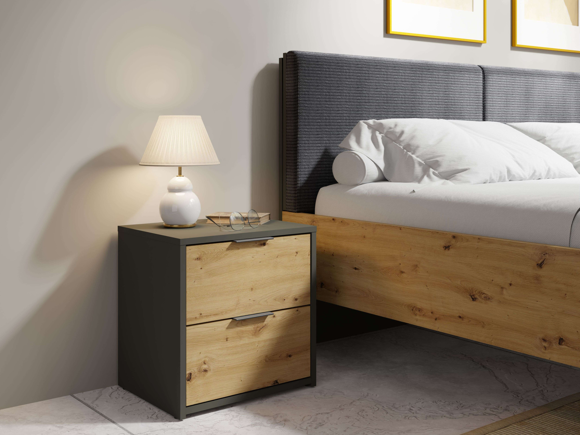 Nachtkonsole HOME AFFAIRE "Nachttische Loreto (2 Stücke), Maße: B/T/H 44/35/46 cm", grau (dunkelgrau, natur), B:44cm H:45,9cm T:35cm, Sideboards, Nachtkonsole, Nachttische (SET) mit 2 Schubladen und dezenten, metallischen Griffen