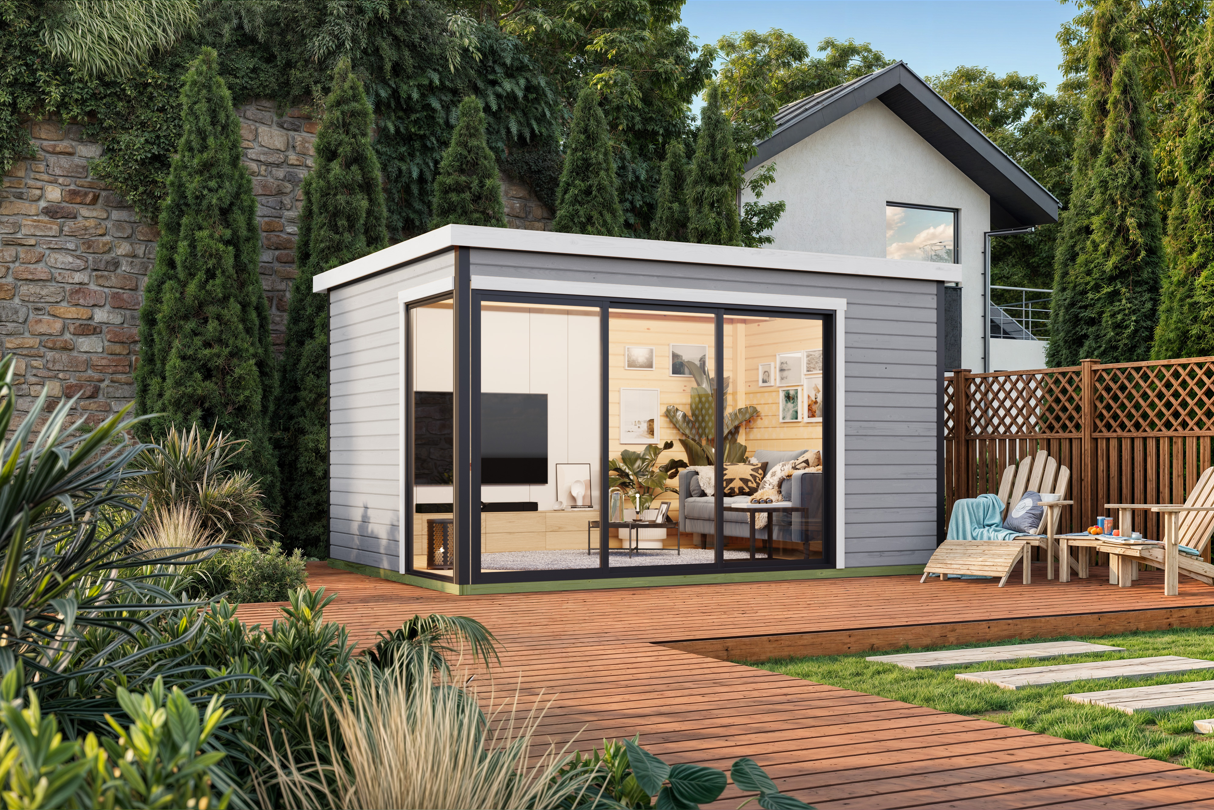 Gartenhaus NORDIC HOLZ "AUSTIN 6", grau (lichtgrau), Fußboden im Gartenhaus, Massivholzdach, Holz, Gartenhäuser, Gartenhaus