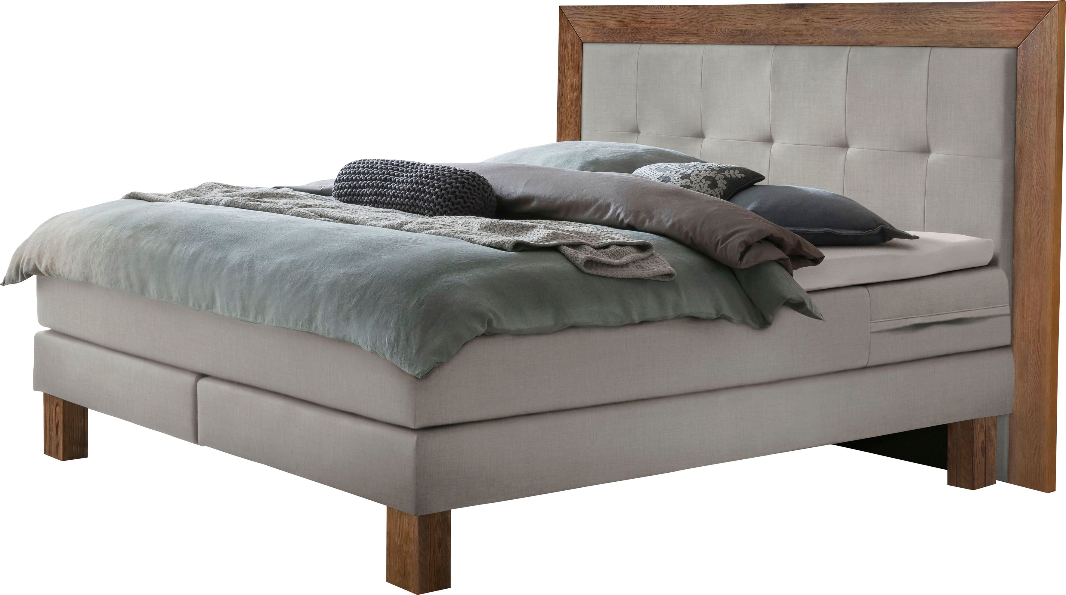Boxspringbett HASENA "Rustico", grau (grau, wildeiche natur), B:184cm L:206cm, Komplettbetten, Boxspringbett, Umrandung in Wildeiche, Punktsteppung im Kopfteil, Federkernmatraze Image
