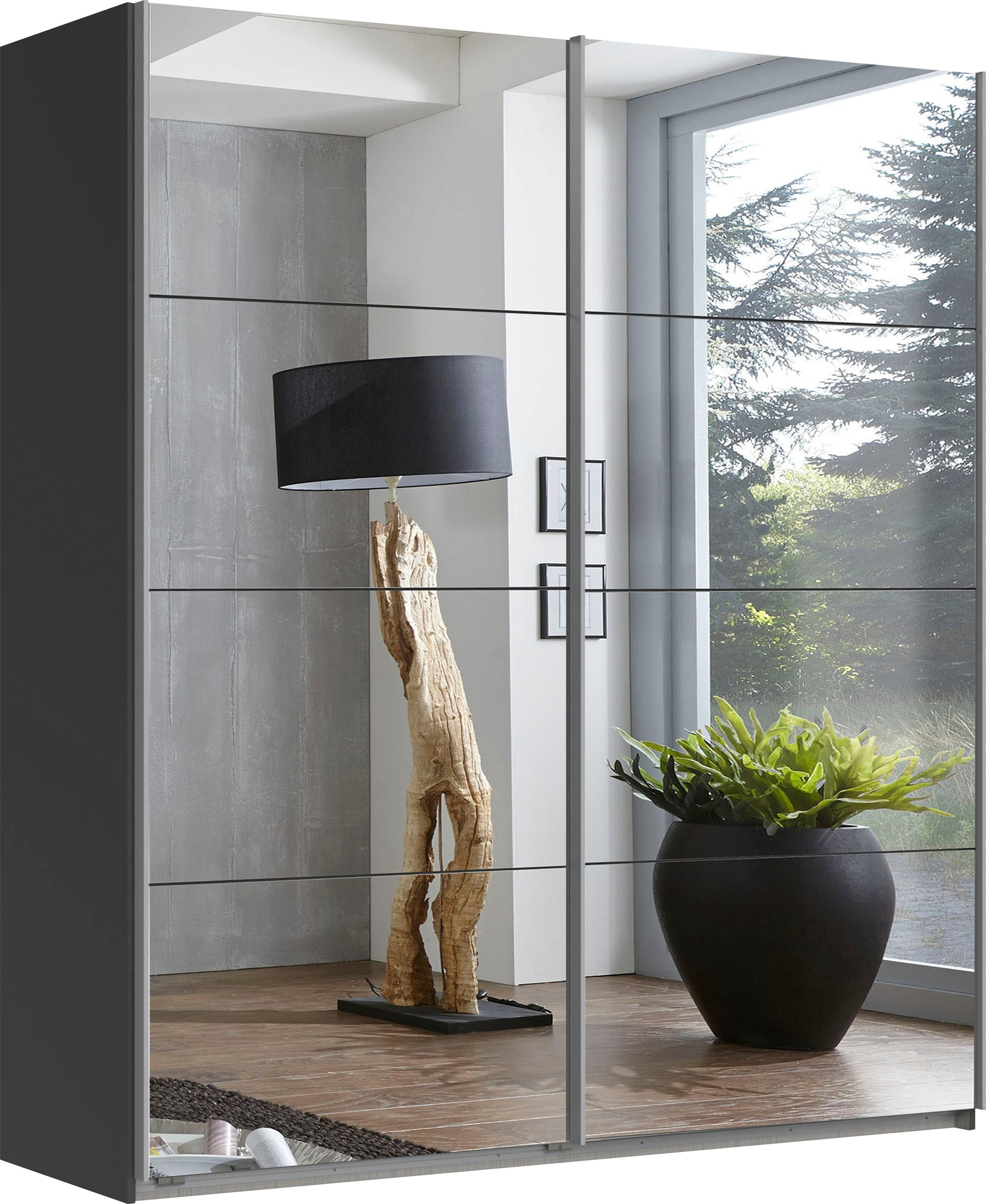 Schwebetürenschrank WIMEX "England", grau (graphit, spiegel), B:180cm H:208cm T:65cm, Holzwerkstoff, Schränke, Schwebetürenschrank, 2-türig, mit vollverspiegelter Schrankfront, in diversen Breiten Image