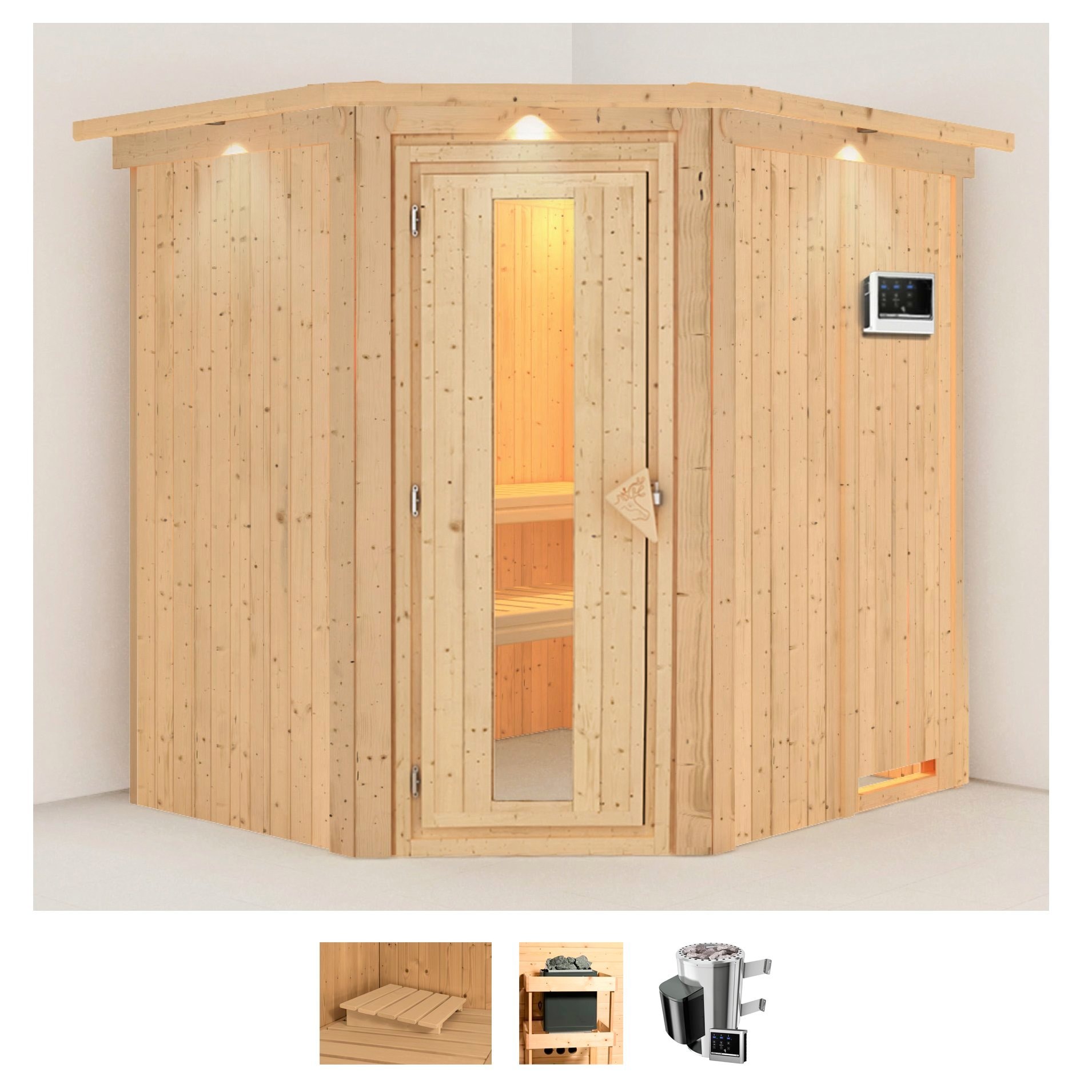 Sauna KARIBU "Laila", beige (naturbelassen), Saunaofen, externe Steuerung, 3,6 kW, Saunen, 3,6-kW-Plug & Play Ofen mit externer Steuerung Image