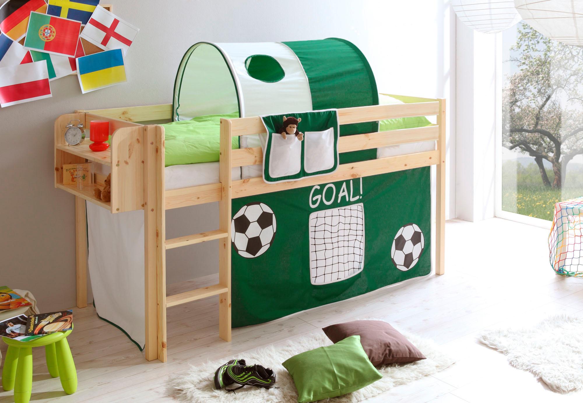 Hochbett TICAA "Malte", grün (kiefer massiv natur, fußball), B:101cm H:114cm L:205cm, Hochbetten, Hochbett, mit Rollrost und in verschiedenen Ausführungen wahlweise mit Matratze