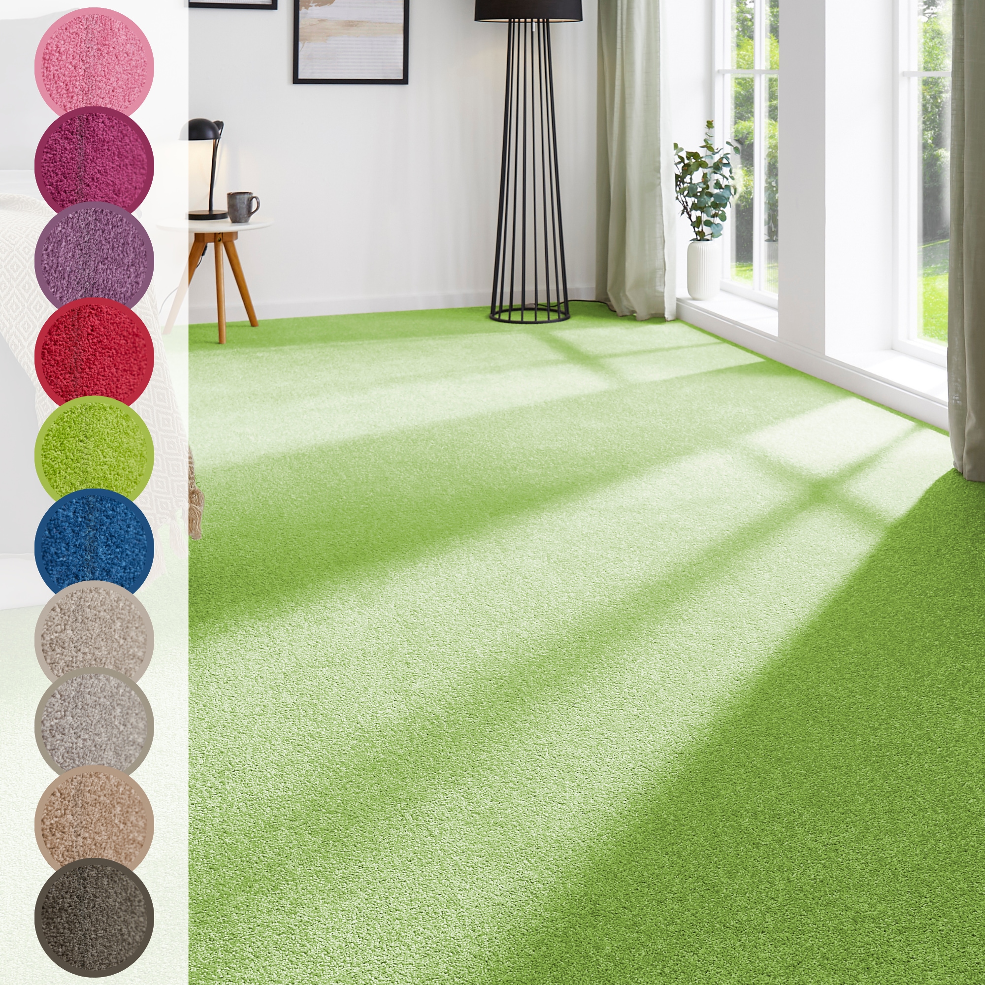 Teppichboden ANDIAMO "Ines, Kräuselvelours, Made in Netherlands", grün, B:400cm H:8,5mm L:1.200cm, Kunstfaser, Teppiche, Uni Farben, Breite 400 cm, strapazierfähig & pflegeleicht Image