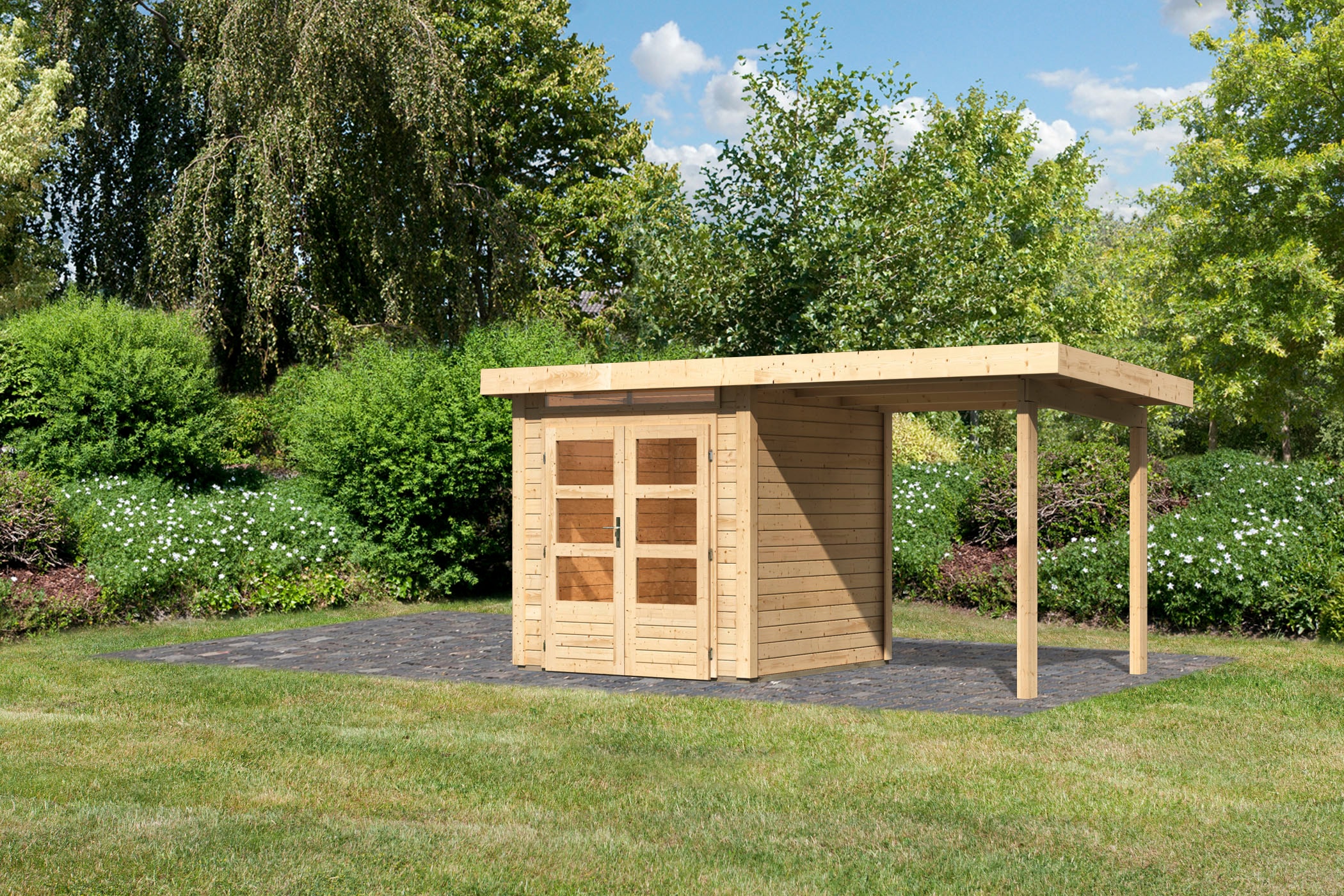 Gartenhaus KARIBU ""Ammersee 1" SET mit Anbaudach 2,35 m Breite", beige (naturbelassen), Holzwerkstoff, Gartenhäuser, Gartenhaus, naturbelassen oder terragrau