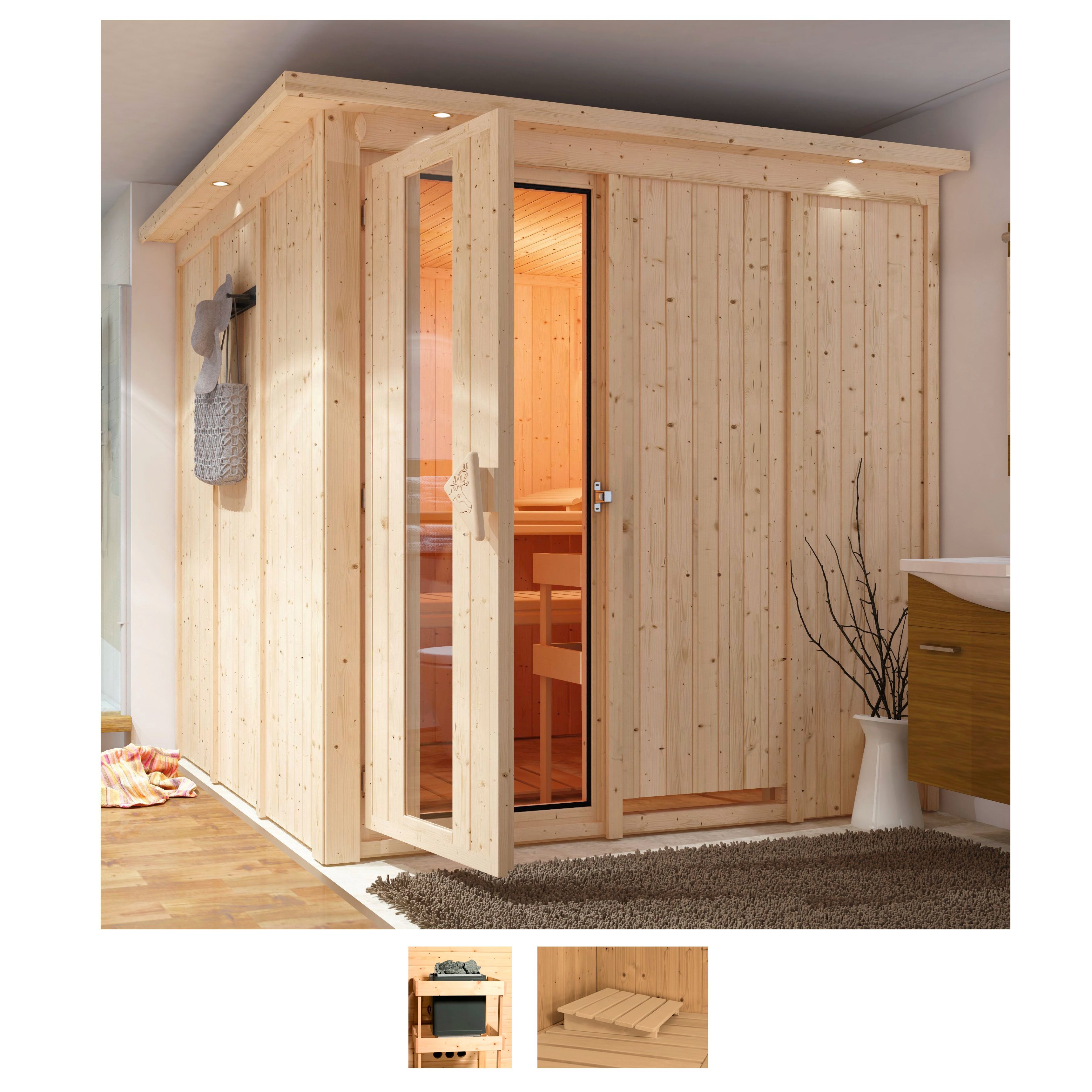 Sauna KARIBU "Rodin", beige (naturbelassen), ohne Ofen, (ohne Ofen), Saunen, ohne Ofen