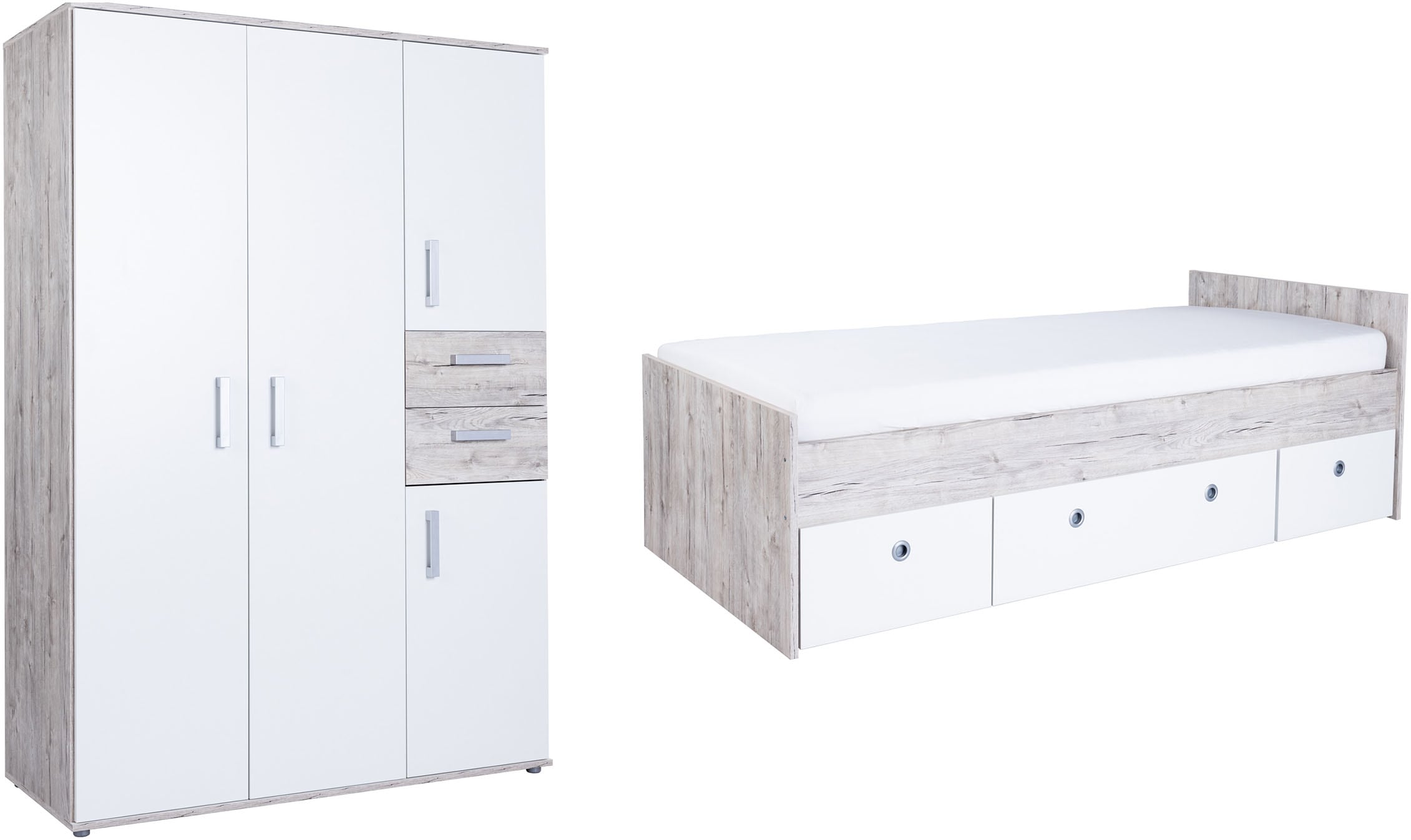 Jugendzimmer-Set ARTHUR BERNDT "Jugendzimmer-Set »Bente« 2-teilig", transparent (natur), ohne Matratze, B/H: 90cm x 200cm, Hartfaserplatte, Holzwerkstoff, Kunststoff, Metall, Schlafzimmermöbel-Sets, Eiche-Sand/Weiß Nachbildung
