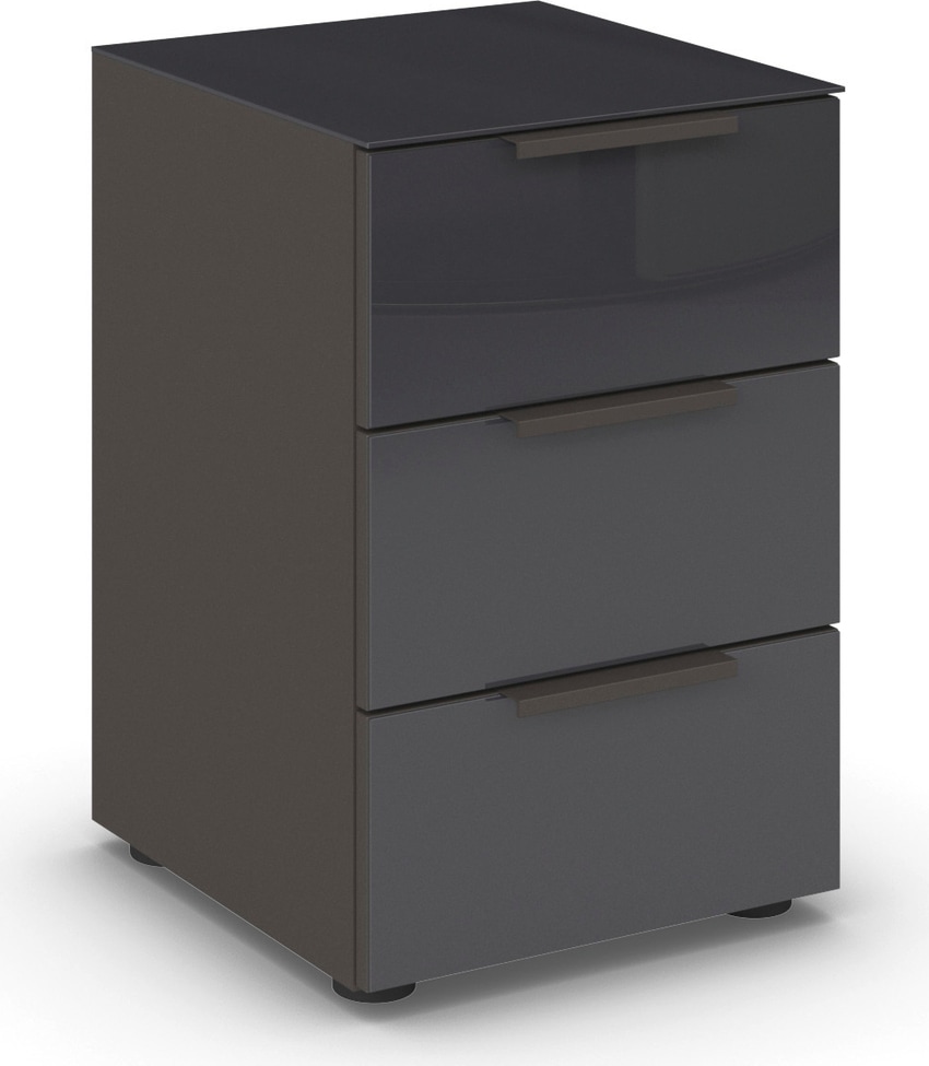 Nachtkommode RAUCH "Nachttisch Nachtschrank Nachtkonsole FLIPP mit Glasfront", grau (graphit, glas basalt), B:40cm H:60cm T:42cm, Holzwerkstoff, Sideboards, mit 3 Schubladen und Soft-Close-Funktion, Oberboden und Front Glas