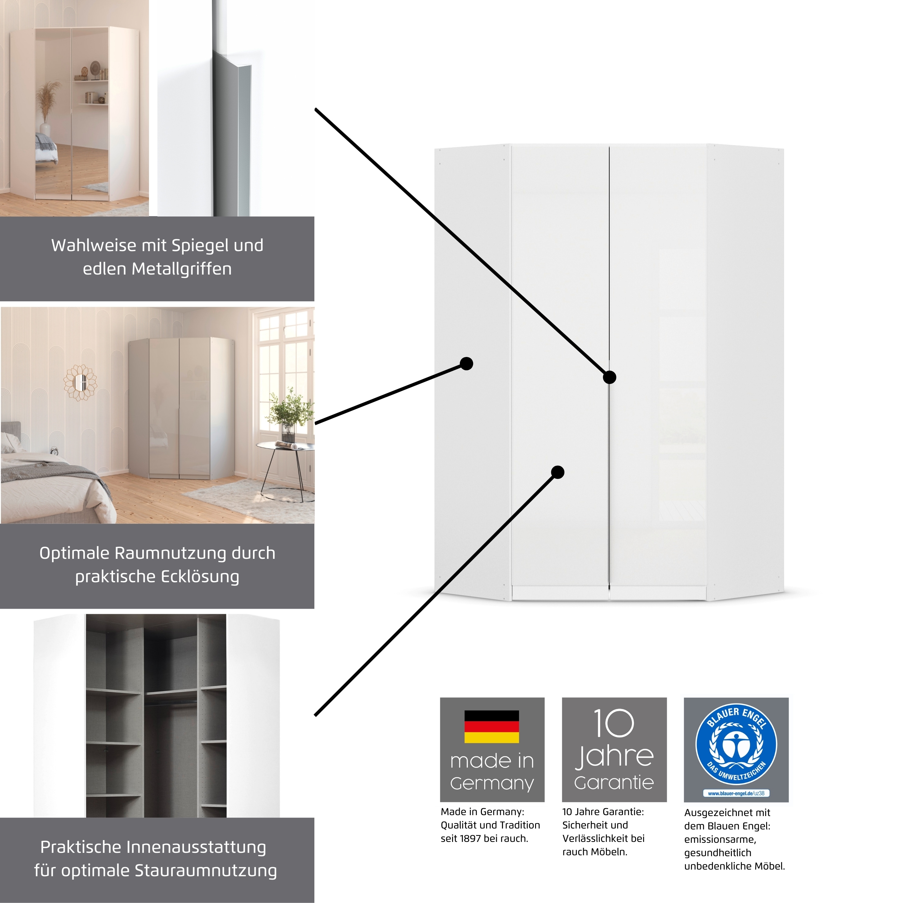 Eckkleiderschrank RAUCH "Kleiderschrank Schrank Ankleidezimmer Schlafzimmer Garderobe AGORDO", braun (eiche artisan), B:117cm H:210cm T:117cm, Holzwerkstoff, Schränke, voll ausgestattet mit großzügigem Stauraum, 2 Höhen MADE IN GERMANY Image