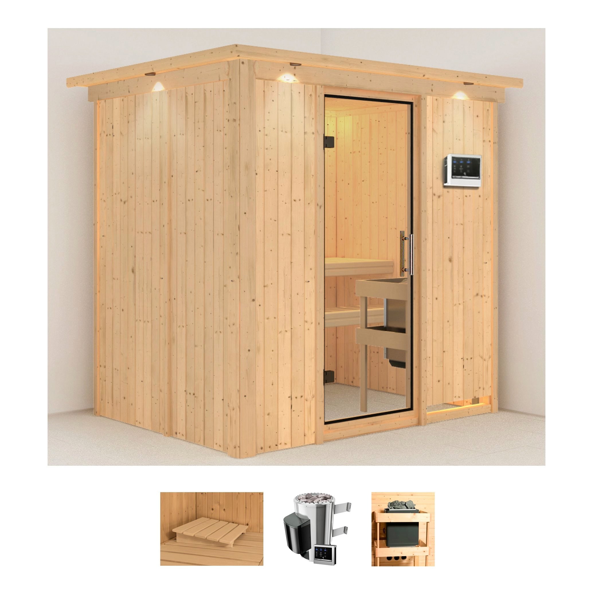 Sauna KARIBU "Finja", beige (naturbelassen), Saunaofen, externe Steuerung, 3,6 kW, Saunen, 3,6-kW-Plug & Play Ofen mit externer Steuerung Image