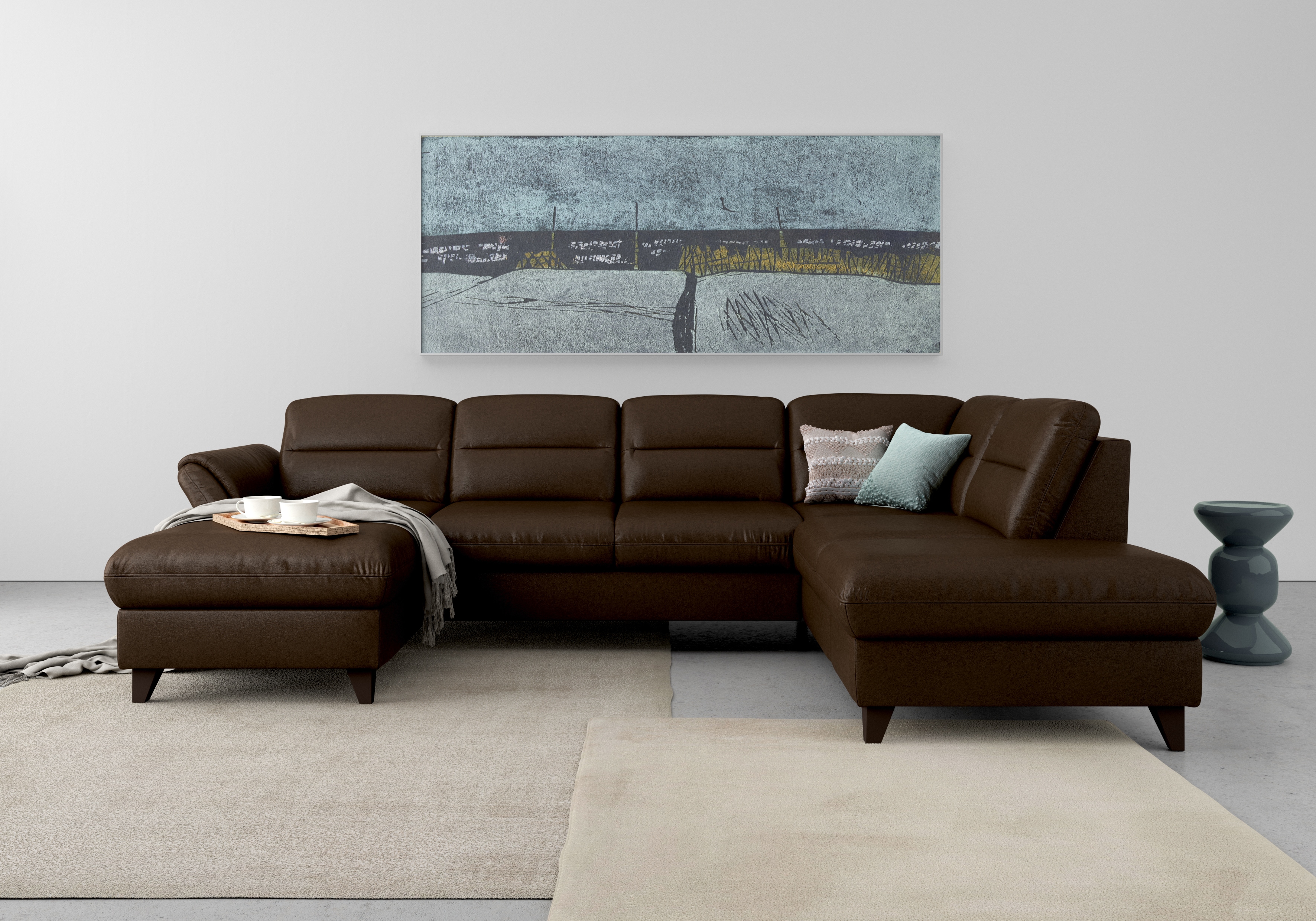 Wohnlandschaft SIT & MORE "Mellum U-Form", braun (mocca), B:306cm H:87cm T:212cm, 100% Polyester, Sofas, Federkern, wahlweise mit Bettfunktion, Stauraum und Armteilfunktion