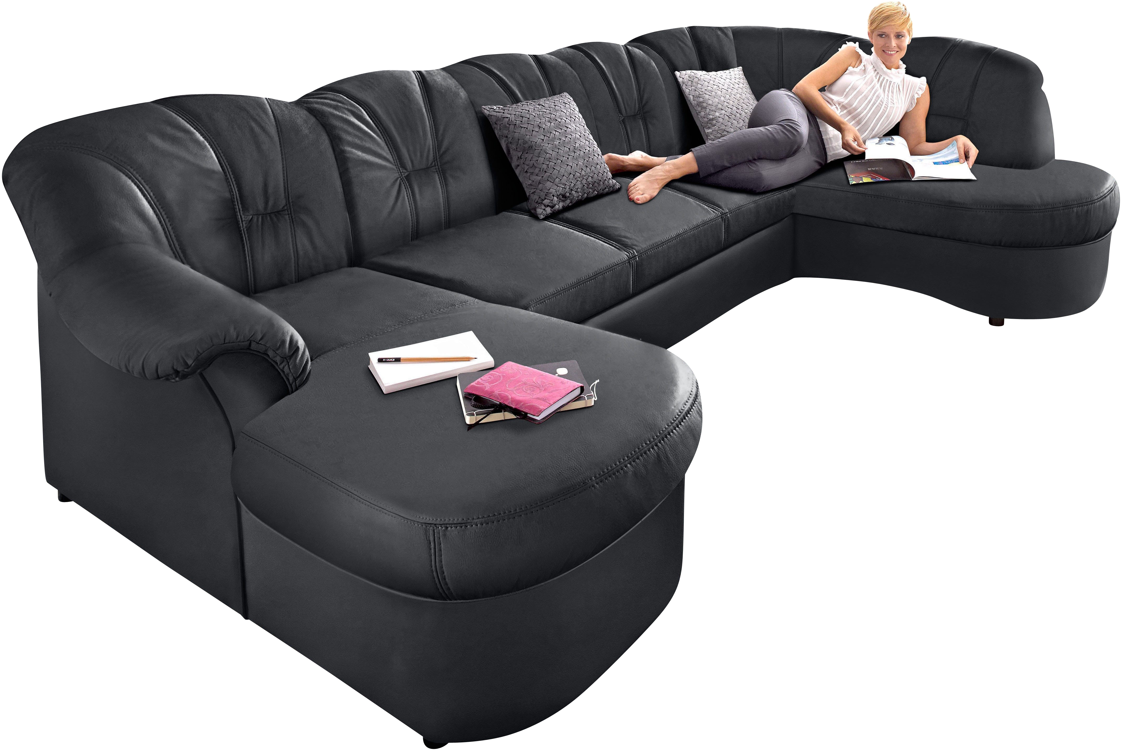 Wohnlandschaft DOMO COLLECTION "Flores auch in Leder-Bezug, B/T/H: 293/180/86 cm, U-Form", schwarz, B:293cm H:84cm T:182cm, NaturLEDER (echtes Rindsleder) in Sitz und Rücken. Korpus in passendem Kunstleder SOFTLUX bezogen;Microfaser PRIMABELLE (100%...