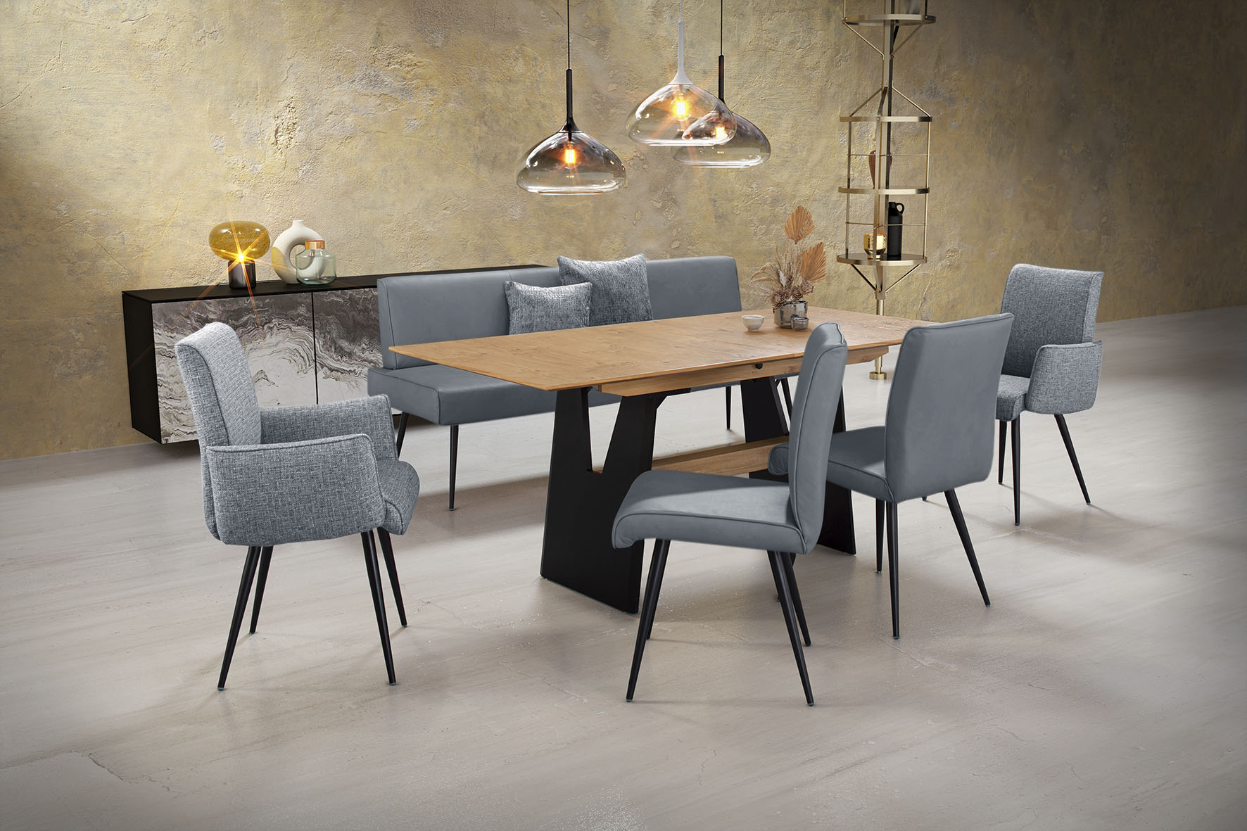 Essgruppe K+W KOMFORT & WOHNEN "Giacomo I", blau (aqua, niagara blau,), Flachgewebe 775 Leder CLOUD, Synchron-Auszug, Länge Esstisch: 180cm,Länge Esstischmaximal: 220cm,Breite/Sitzbreite Bank: 200cm, Sitzmöbel-Sets, 2 Stühle und Bank, 2...