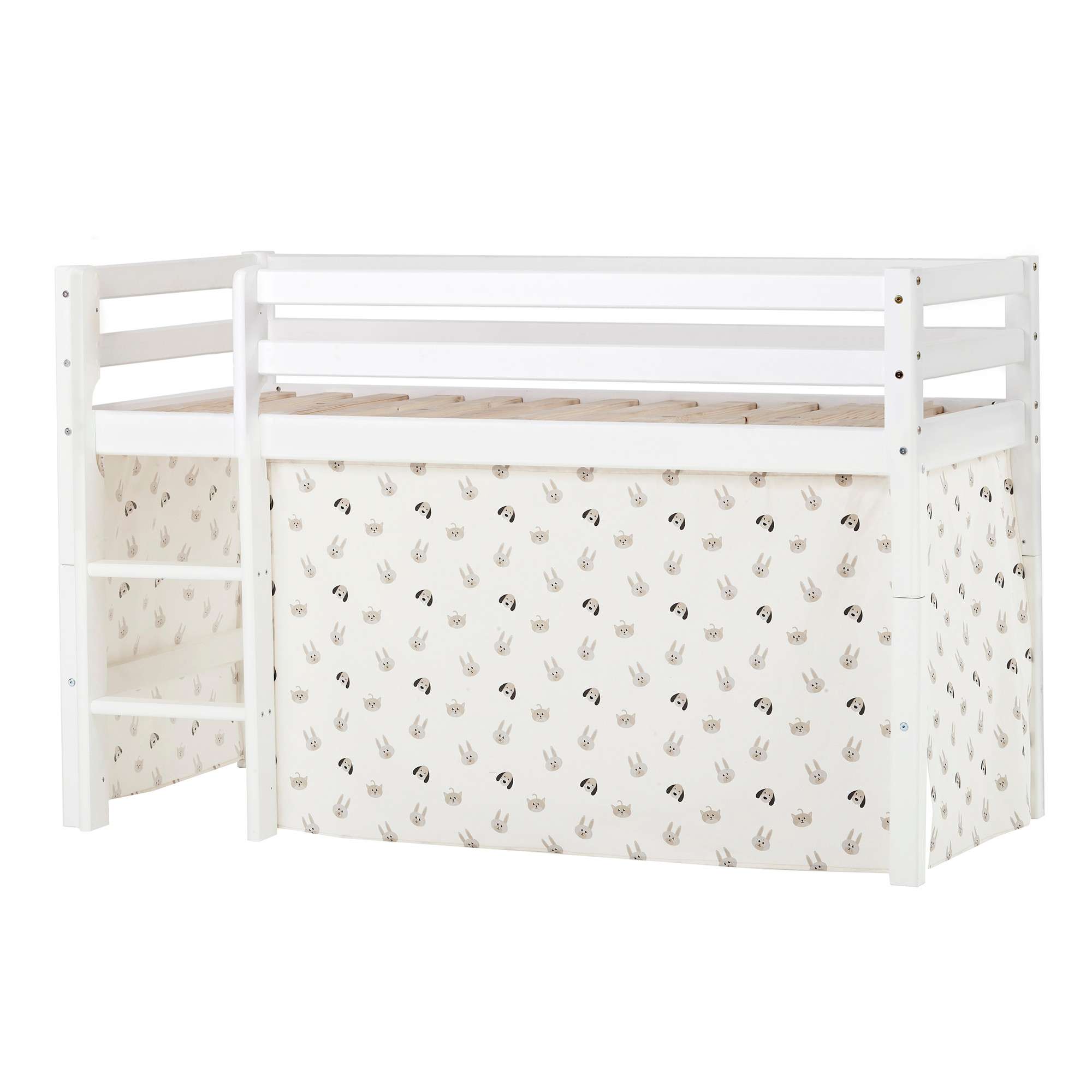 Hochbett HOPPEKIDS "ECO Dream, Kinderbett, Spielbett, Halbhohes Bett aus Massivholz", beige (weiß, pets natur), B:81cm H:105cm L:168cm, Kinderbett: 100% Massivholz: Nordische Kiefer, Vorhang: 100% Baumwolle, Hochbetten, Hochbett Kinderbett, inkl....