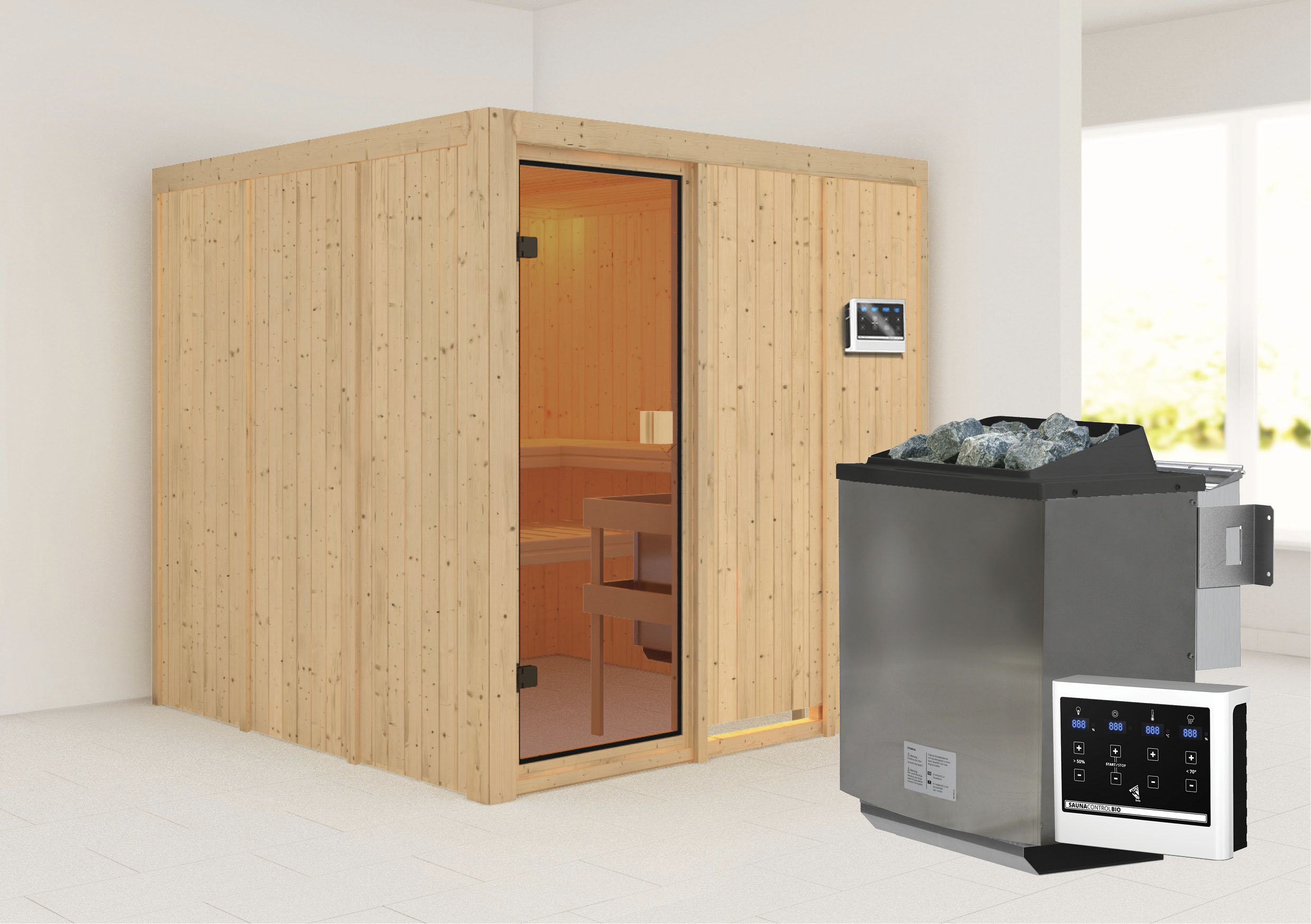 Sauna KARIBU "Oulu", beige (naturbelassen), Bio-Ofen, externe Steuerung, (ohne Ofen), Saunen, Ofen 9 kW Bio externe Strg easy