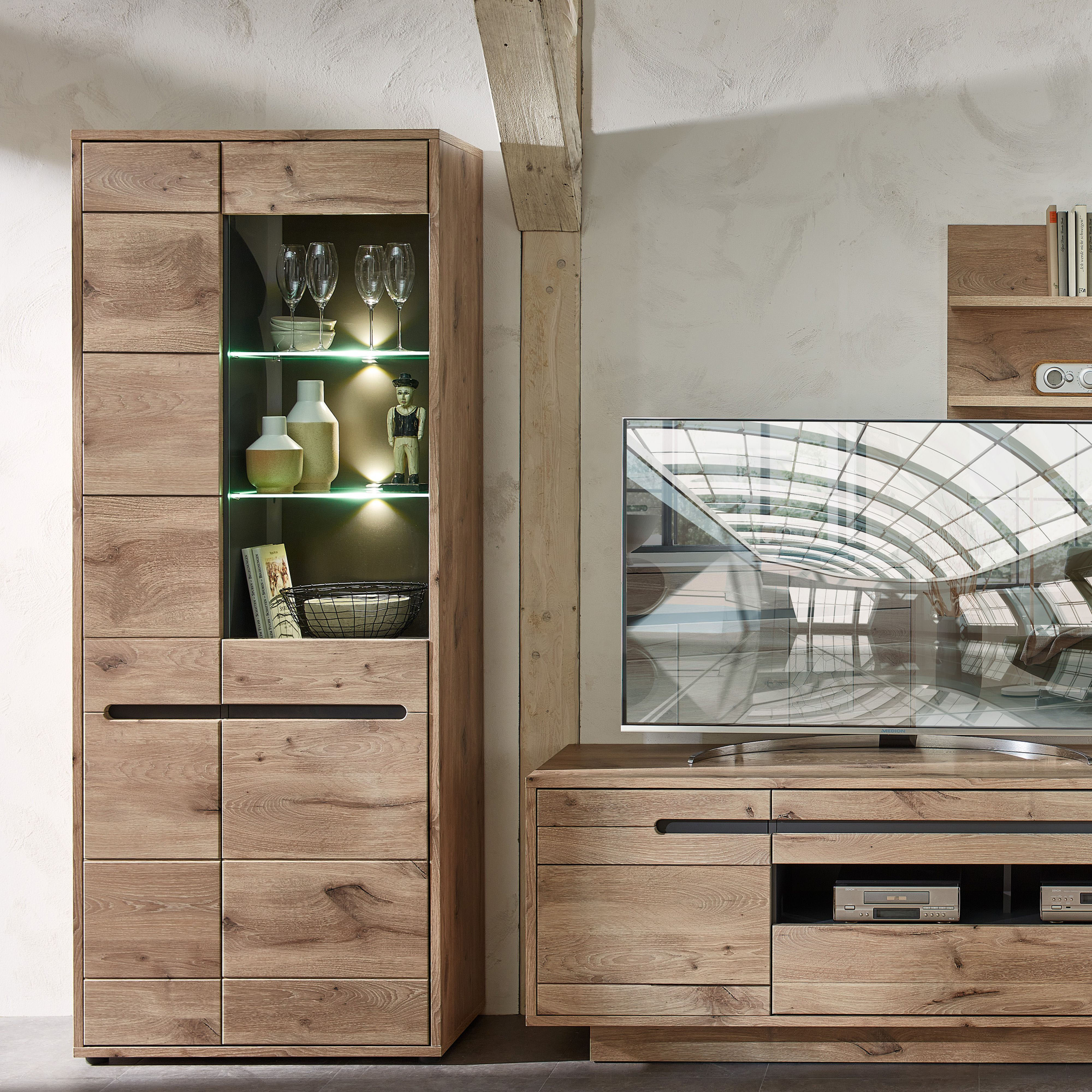 Vitrine INNOSTYLE "BELLANO", braun (front: viking oak nature mdf, korpus: außen viking oak nature nachbidlungen, innen graphit nachbildung), B:80cm H:202cm T:38cm, Dekorfolie, MDF, Spanplatte, Schränke, Vitrine, Viking Oak Nature