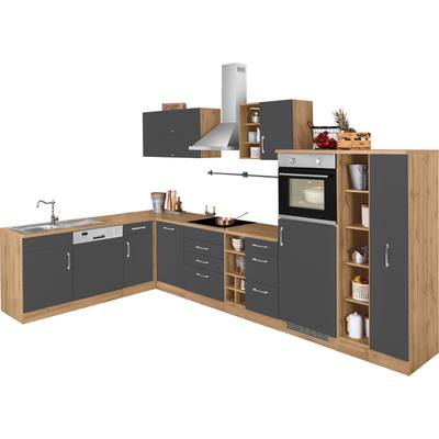 Winkelküche KOCHSTATION "KS-Colmar", grau (front: anthrazit, korpus: wotaneichfarben, arbeitsplatte: wotaneichfarben), B:210cm T:360cm, Komplettküchen-Sets, ohne E-Geräte, Stellbreite 210/360 cm Image