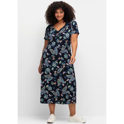 Jerseykleid SHEEGO BY JOE BROWNS "Jerseykleid", Damen, Gr. 44, Normalgrößen, blau (dunkelblau, gemustert), Jersey, Single Jersey, 95% Viskose, 5% Elasthan, gemustert, mehrfarbig, Paisley, bedruckt, wadenlang, V-Ausschnitt, Kurzarm, Kleider Image