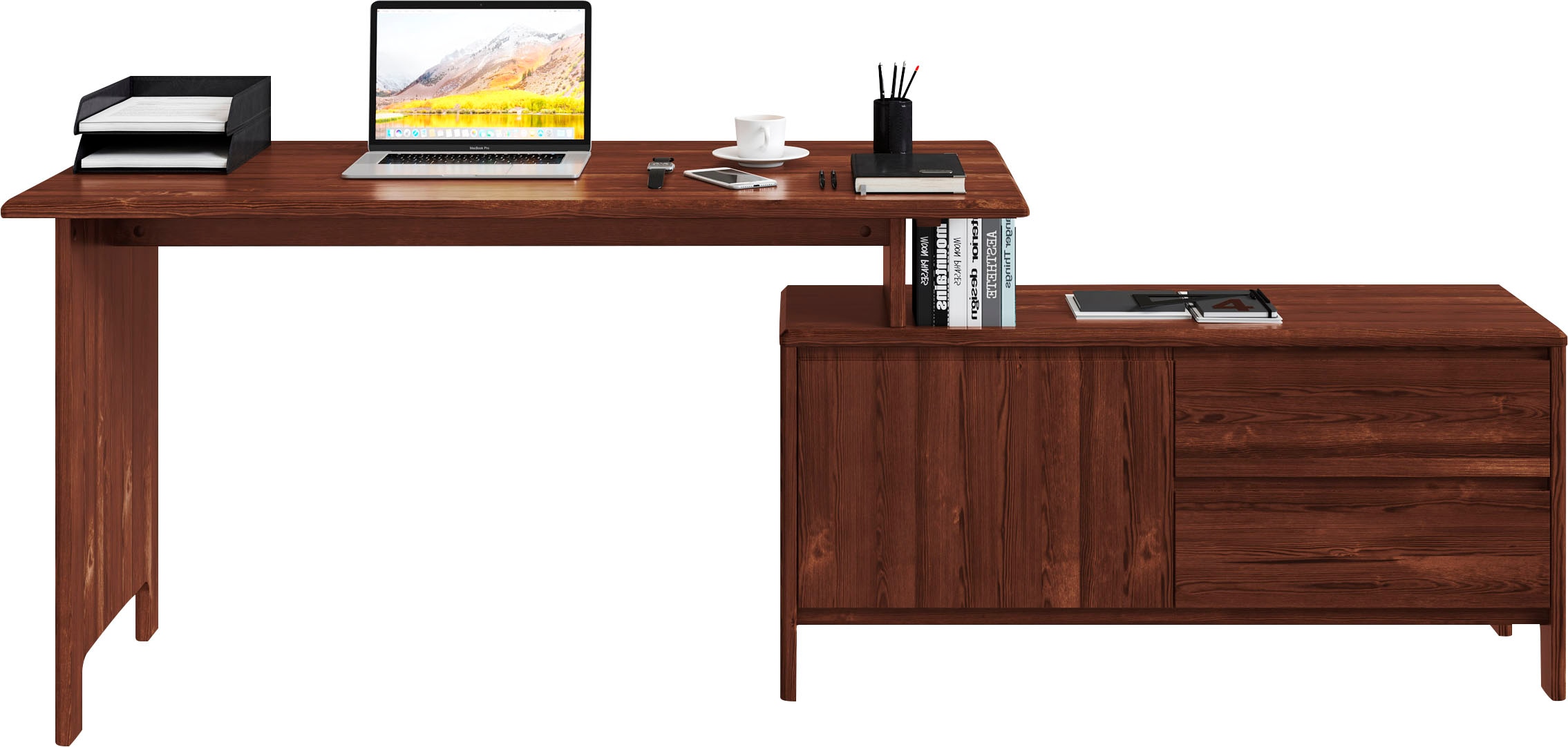 Schreibtisch HOME AFFAIRE "Luven, aus Massivholz", braun (dunkelbraun), B:140cm H:76cm T:60cm, Tische, in 2 Breiten, variable Nutzung als Schreibtisch oder Eckschreibtisch