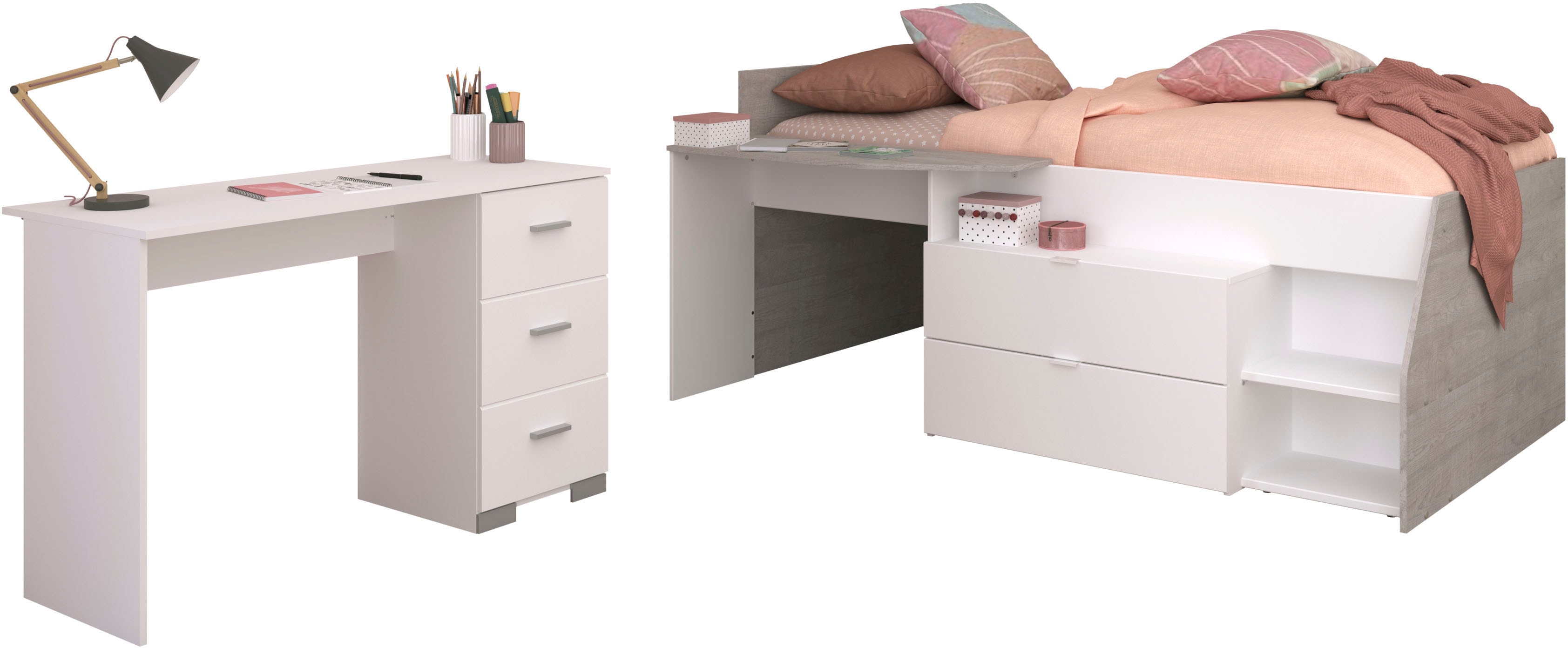 Jugendzimmer-Set PARISOT "Parisot Milky 17", weiß, ohne Matratze, B/H: 90cm x 200cm, Schlafzimmermöbel-Sets, halbhohes Hochbett Image