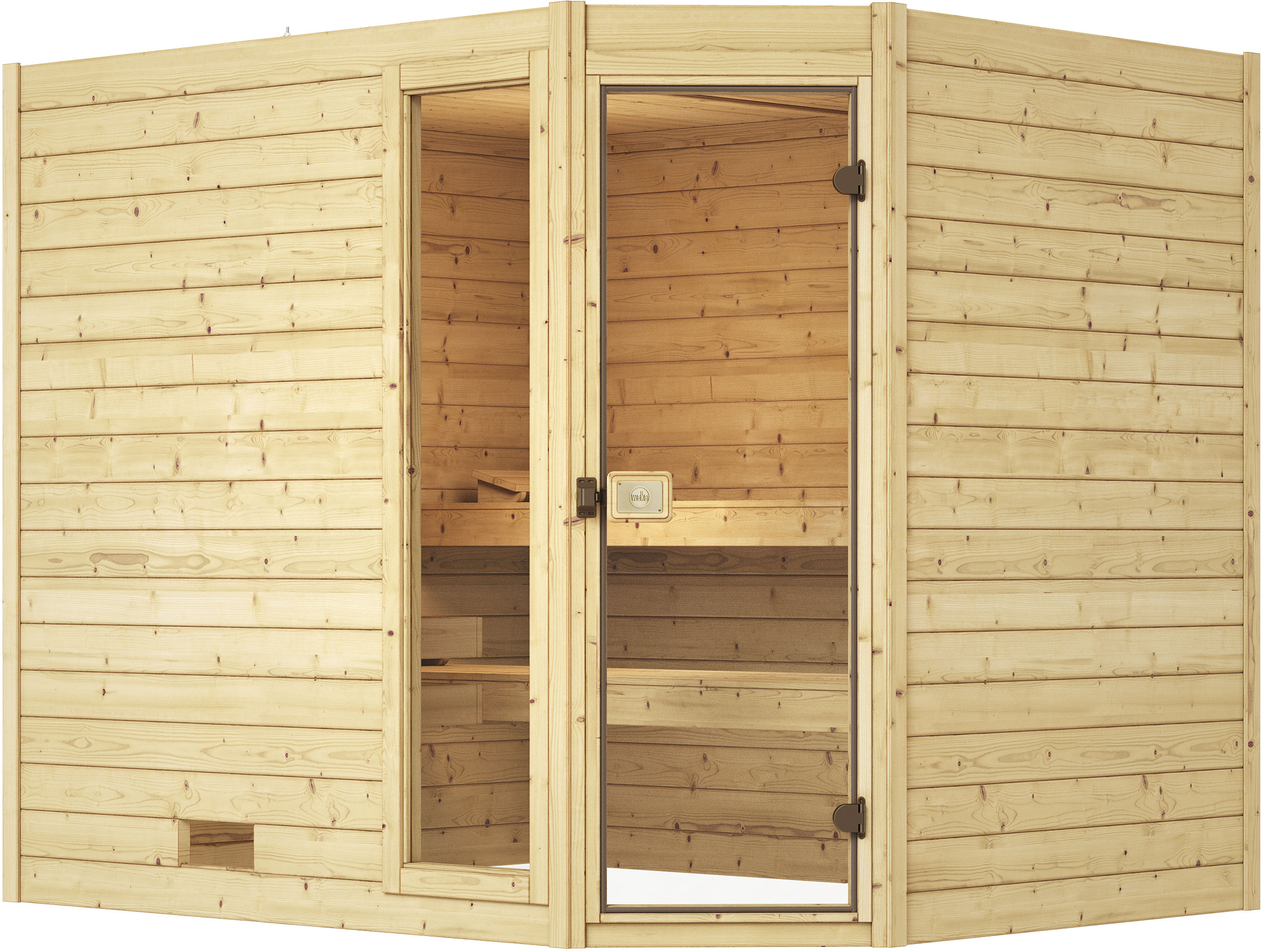 Sauna WEKA "Massivholzsauna VALIDA Eck 3", beige (natur), Saunaofen, externe Steuerung, 7,5 kW, Saunen, Blockbohlen, Fensterlement, moderne Ganzglastür