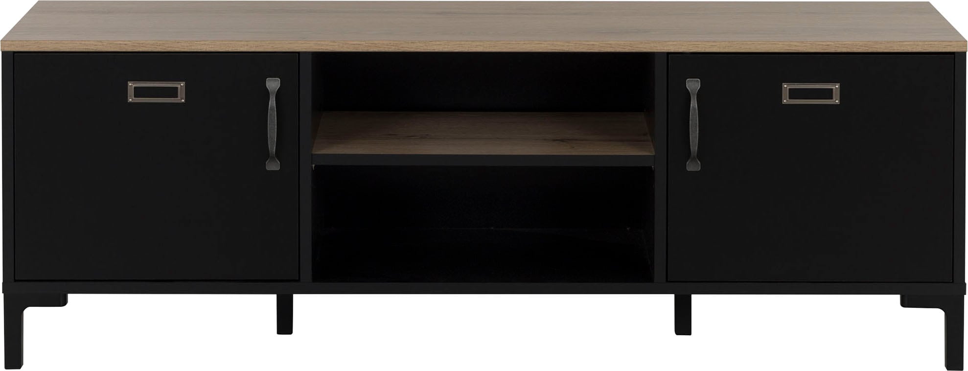 TV-Schrank GAMI "Manchester", schwarz (schwarz, eiche), B:136cm H:47cm T:40cm, Schränke, TV-Sideboard, mit 2 Türen und einer Niesche