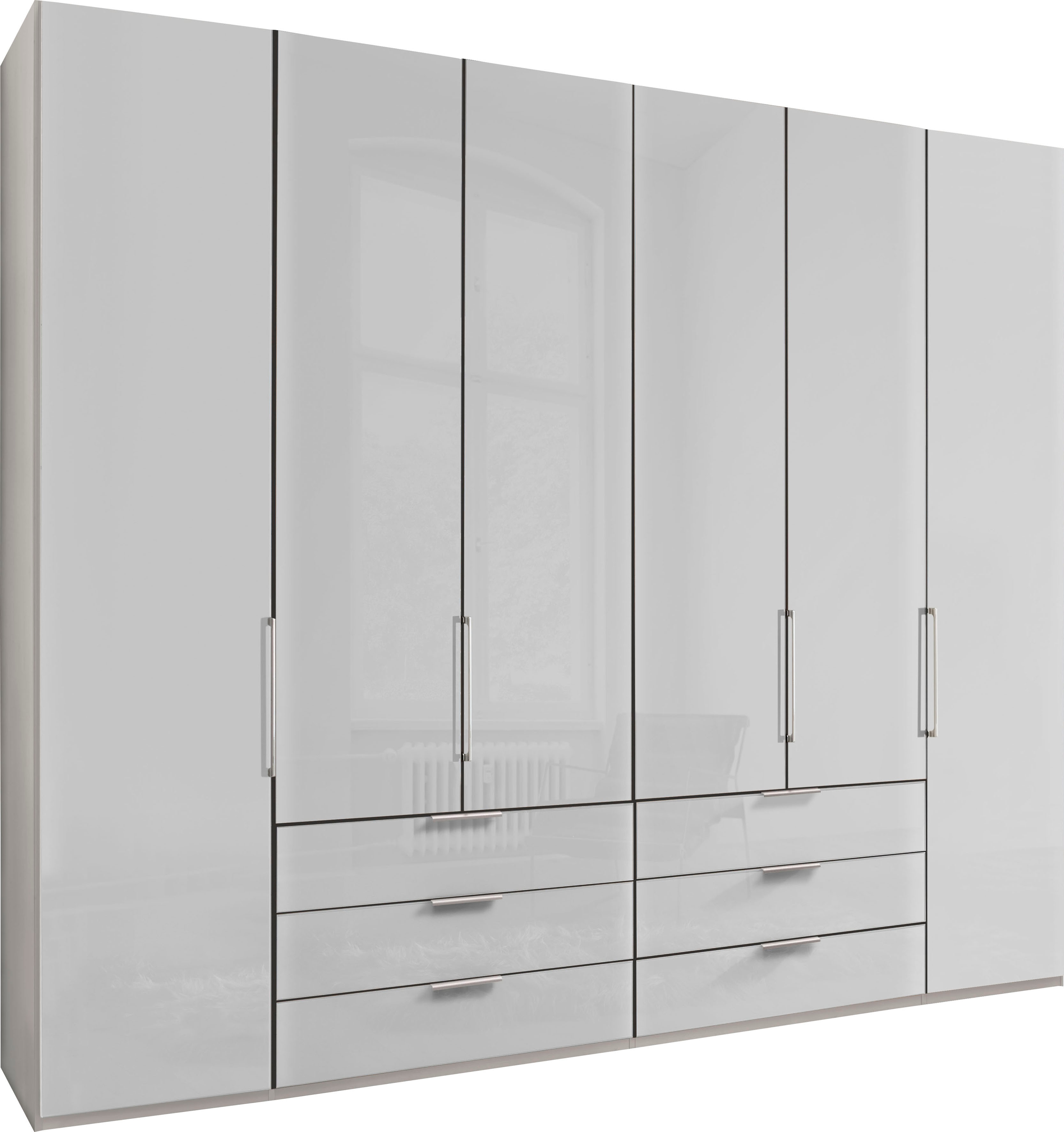 Falttürenschrank WIEMANN "Monaco, Kleiderschrank, Schrank, Wäscheschrank, mit edler Glasfront", weiß (weiß, glas weiß), B:246,9cm H:236cm T:58cm, Floatglas, Holzwerkstoff, Schränke, Kleiderschrank Drehtürenschrank, inkl. gepämpften Schubkästen und... Image