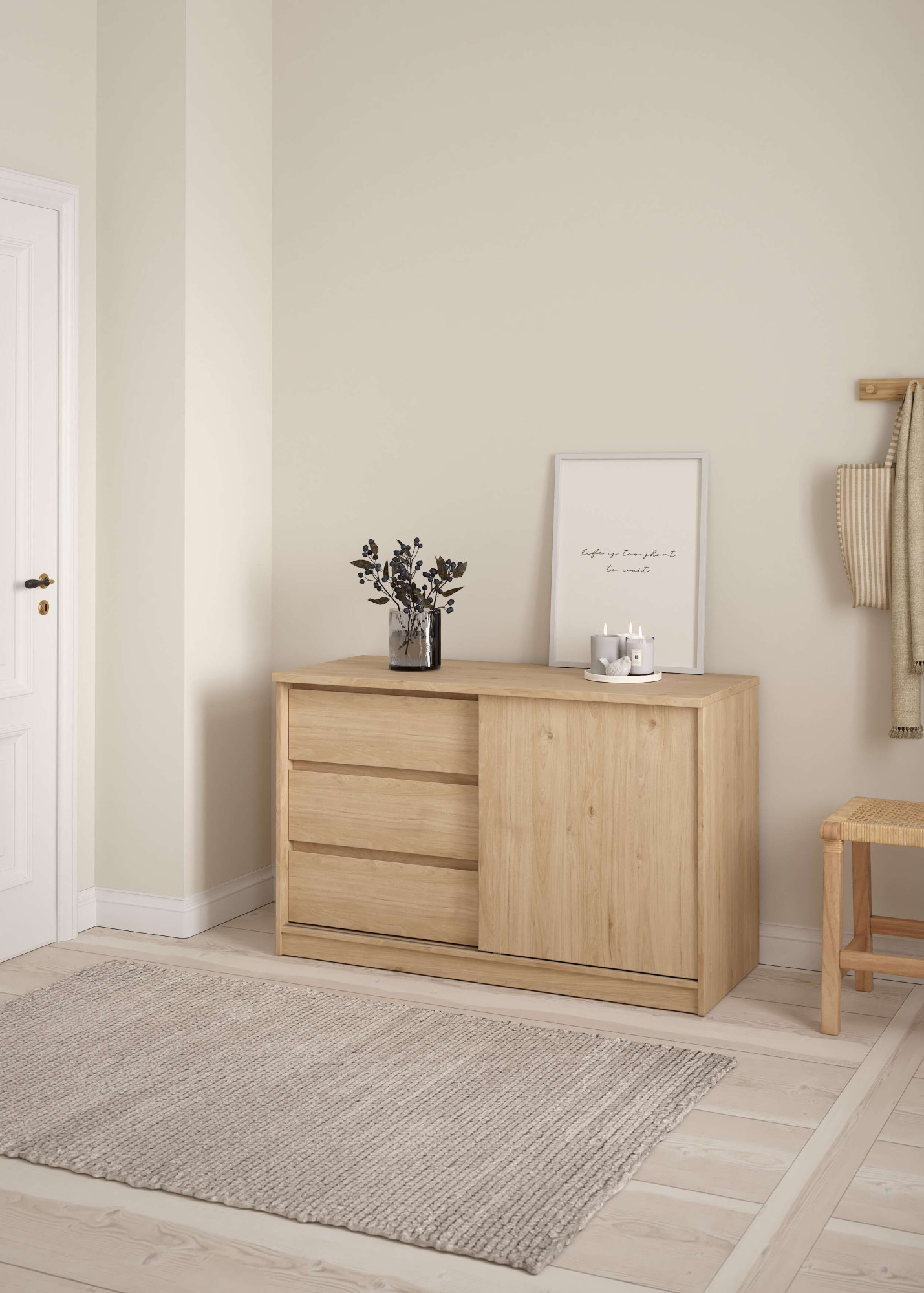 Sideboard INOSIGN "Naia Aufbewahrung, Schuhkommode, Stauraumkommode, Schuhschrank", braun (jackson hickory), B:118,9cm H:75,6cm, Spanplatte, Sideboards, Kommode mit 1 Schiebetür und 3 Schubladen, Breite 119 cm, Höhe 76 cm