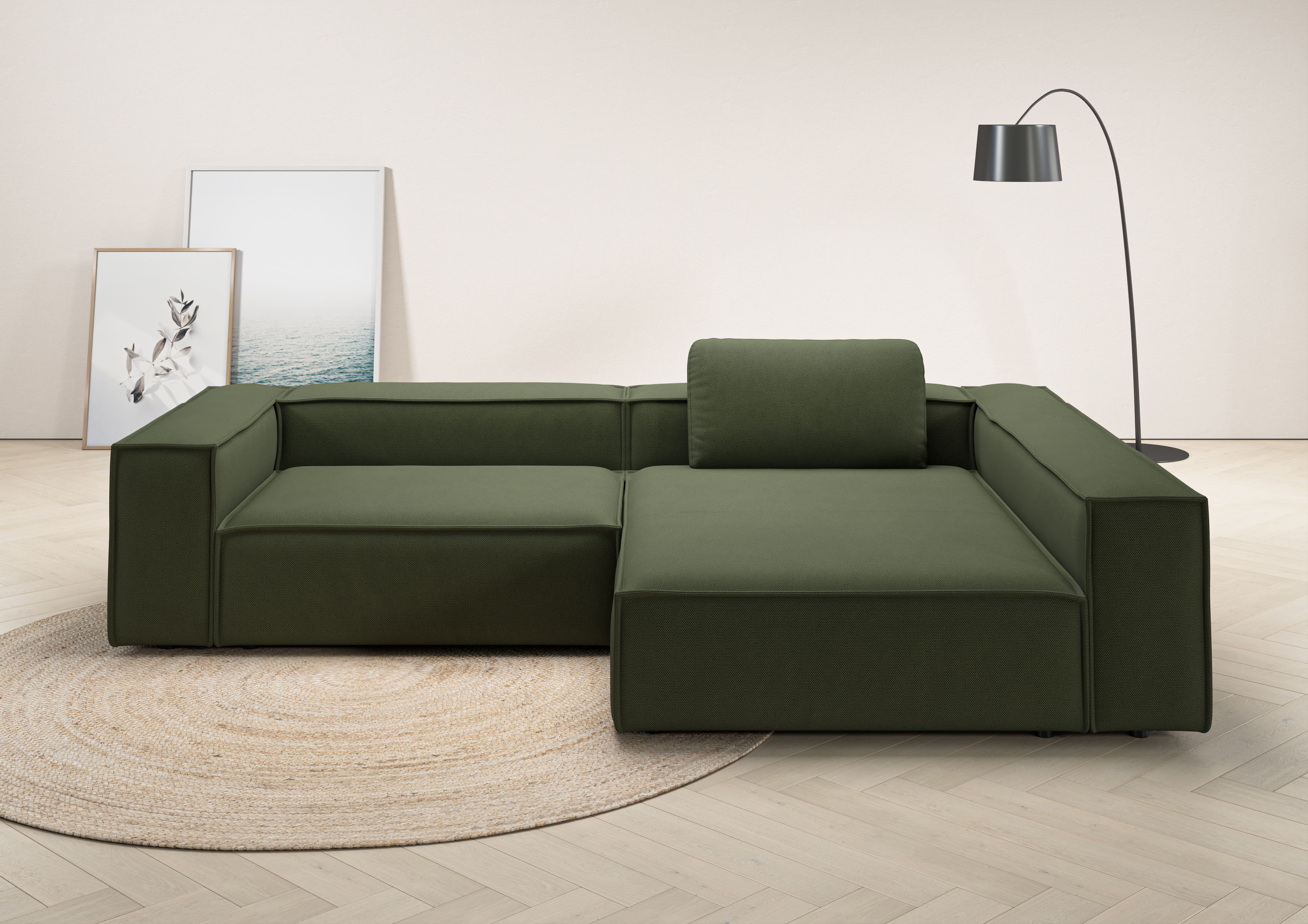 Ecksofa HOME AFFAIRE "Watertown, moderne XXL L-Form, 306 cm breit", grün (oliv), B:306cm H:68cm T:191cm, 100% Polyester, Sofas, Ecksofa, Komfortabel mit tiefer Sitzfläche – ideal für große Wohnräume