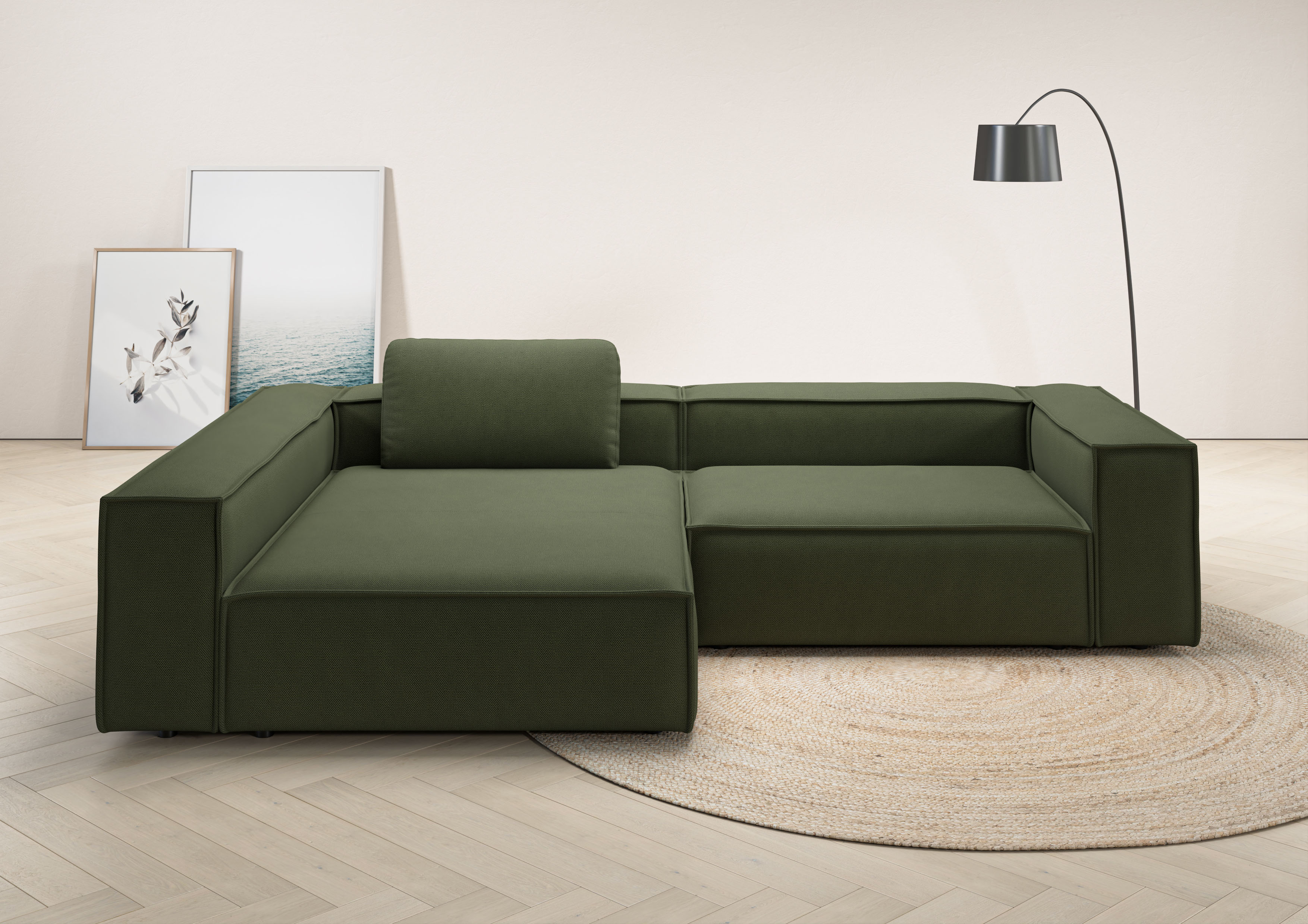 Ecksofa HOME AFFAIRE "Watertown, moderne XXL L-Form, 306 cm breit", grün (oliv), B:306cm H:68cm T:191cm, 100% Polyester, Sofas, Ecksofa, Komfortabel mit tiefer Sitzfläche – ideal für große Wohnräume