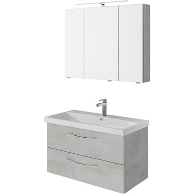 Badmöbel-Set SAPHIR "Serie 4035 2-teilig, Keramikwaschtisch mit LED-Spiegelschrank", grau (oxid hellgrau quer), B:90cm H:200cm T:43,5cm, Spanplatte, Kastenmöbel-Sets, 90 cm breit, inkl. Türdämpfer, 2 Schubladen, 3 Türen, 6 Einlegeböden Image