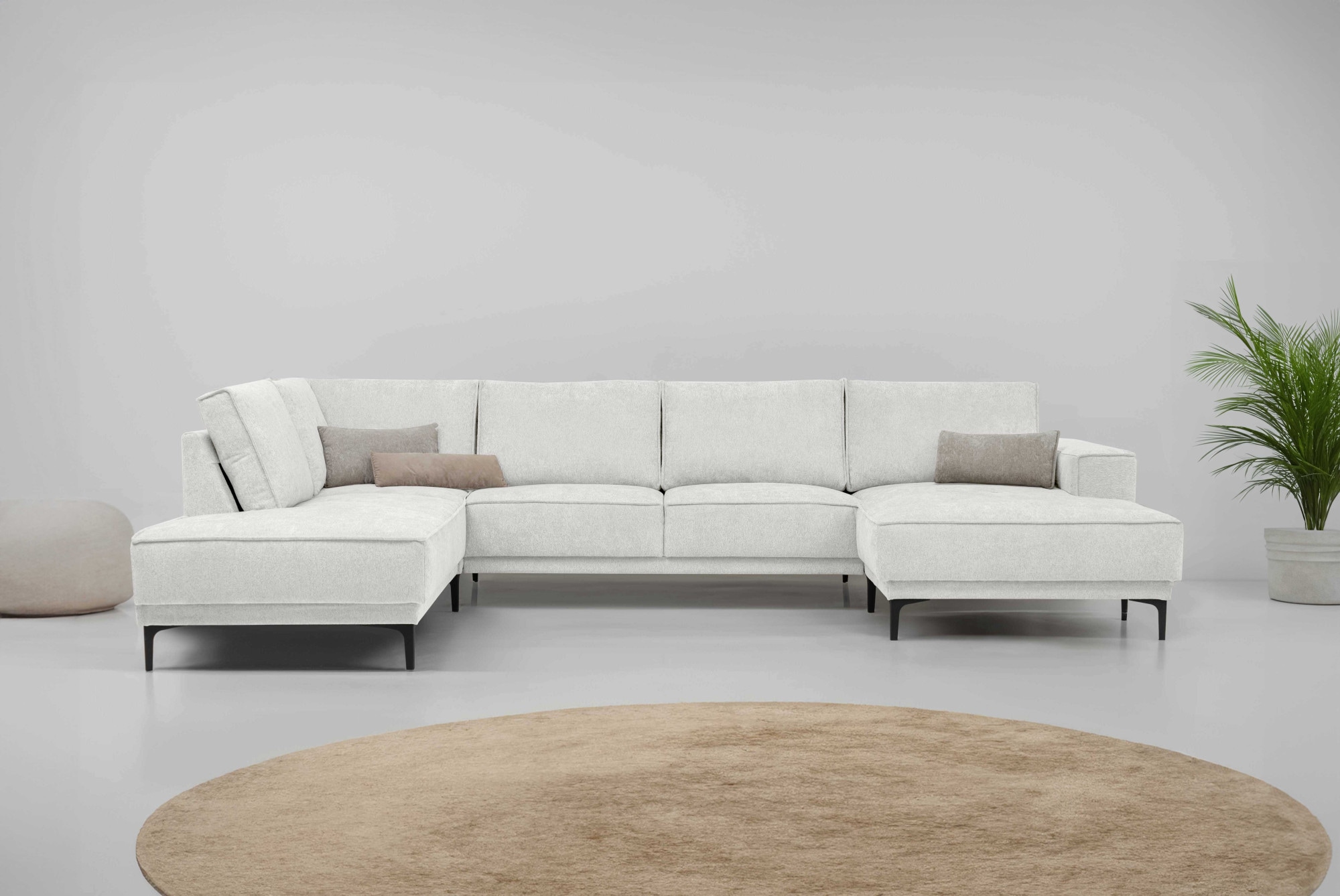 Wohnlandschaft OTTO HOME "XXL Sofa Oland, Struktur, Flachgewebe, Luxus-Microfaser, Boucle", beige (sand), B:345cm H:85cm T:210cm, 100% Polyester, Sofas, Wohnlandschaft, U-Form, 345 cm, Wellenunterfederung, Skandi-Design, Metallfüße