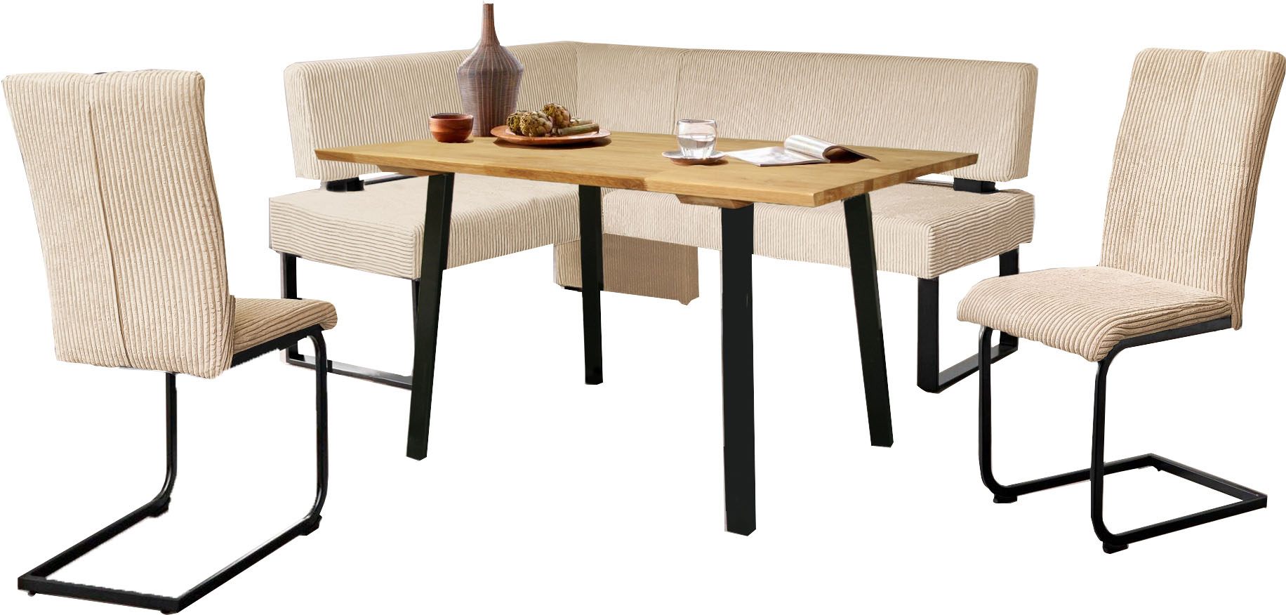 Eckbankgruppe HOME AFFAIRE "Oliver", blau (dreamblau, schwarz), B:220cm H:89cm T:160cm, FSC-zertifizierter Holzwerkstoff, FSC-zertifiziertes Massivholz, Metall, Polyester, Sitzmöbel-Sets, Eckbank mit Wellenunterfederung im Sitz, Tisch Massiv Eiche