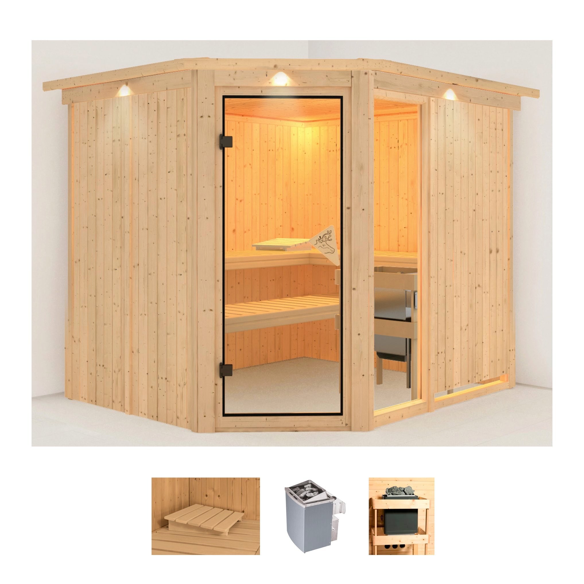 Sauna KARIBU "Frigga 3", beige (naturbelassen), Saunaofen, integrierte Steuerung, 9 kW, Saunen, Ofen 9 kW integr. Strg