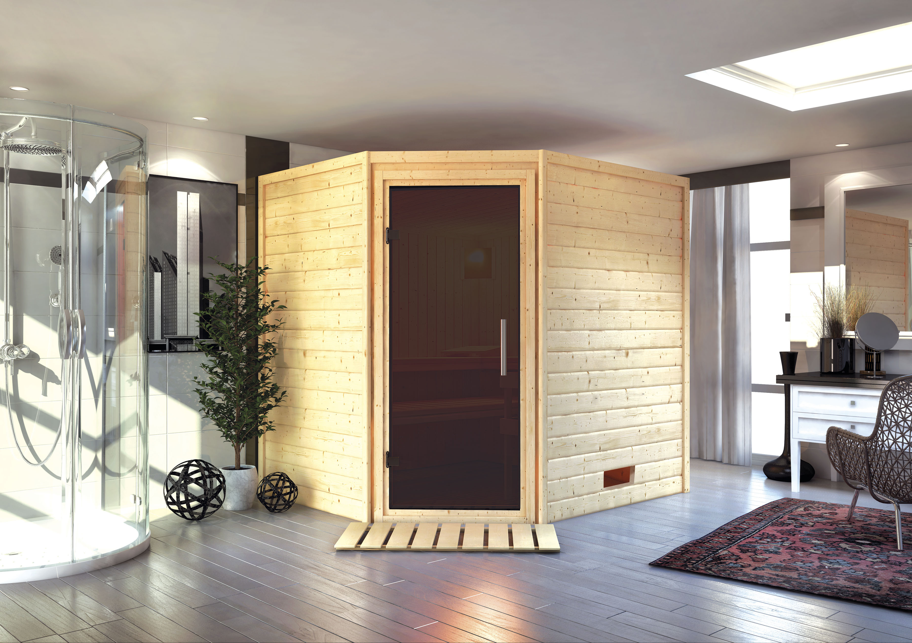 Sauna KARIBU "Mia (Fronteinstieg)", beige (naturbelassen), (ohne Ofen), Saunen, inklusive Ofenschutzgitter und Tür Image