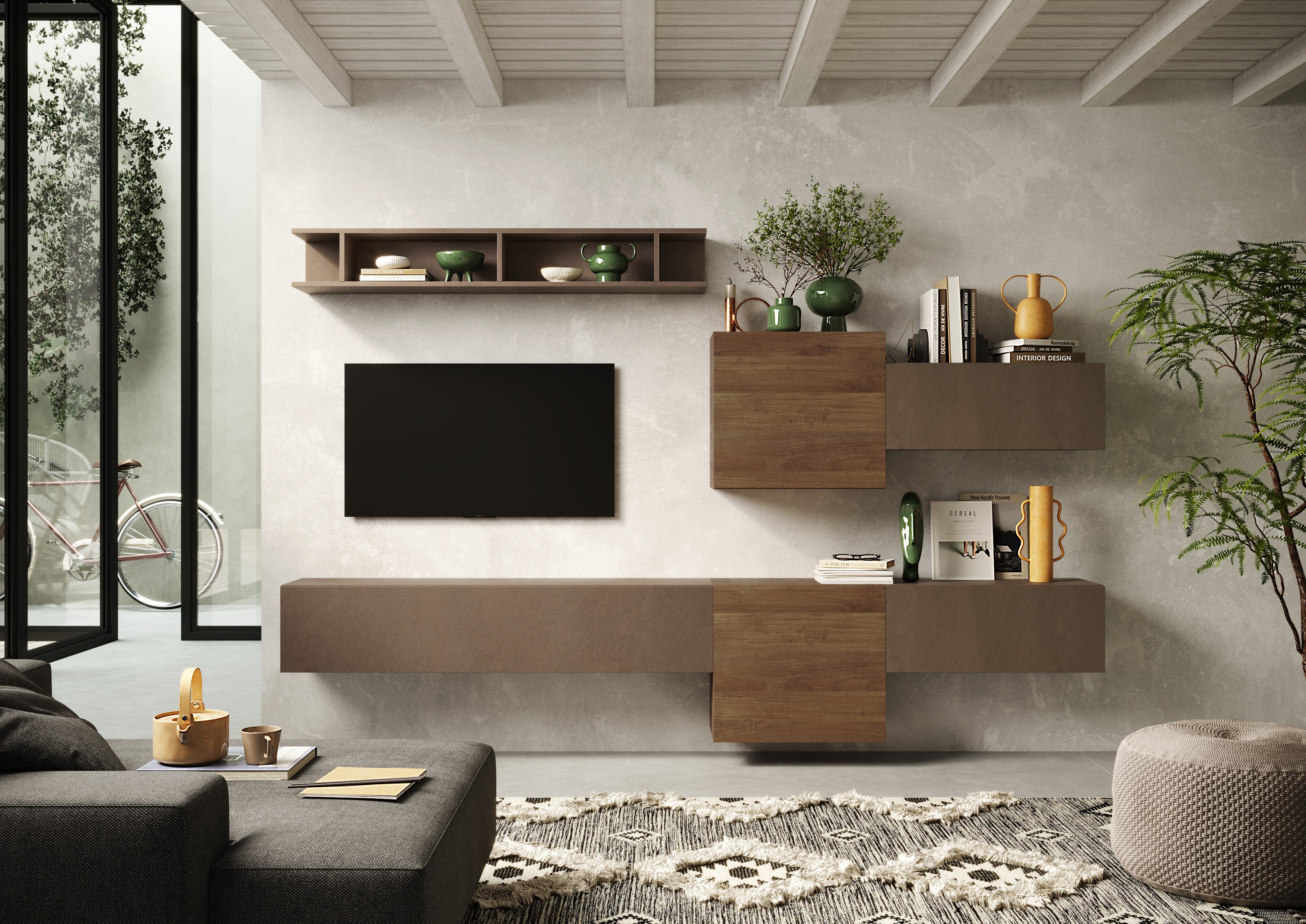 Wohnwand INOSIGN "Infinity, 6tlg. Breite 262 cm, Höhe variabel, Schrankwand, Anbauwand", braun (bronzo, mercure nb holzstruktur), B:262cm H:185cm T:30cm, Holzwerkstoff, Kastenmöbel-Sets, Wohnwand, (Lowboard hängend, 2x Hängeschrank, 2x Hängewürfel,...