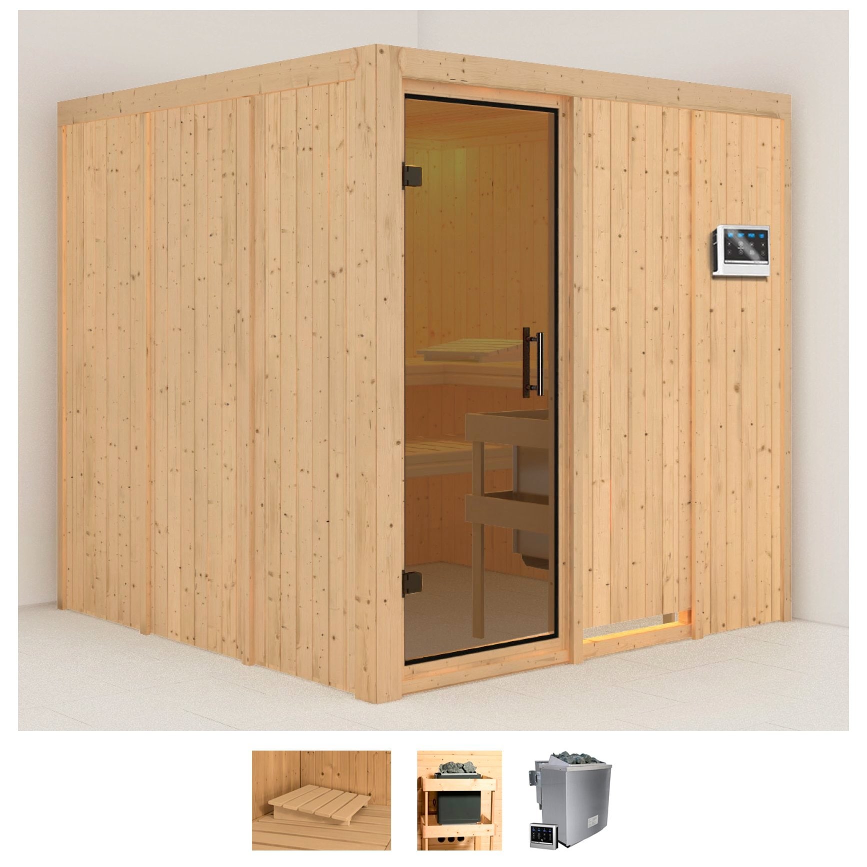 Sauna KARIBU "Rodin", beige (naturbelassen), Bio-Kombiofen, externe Steuerung, 9 kW, Saunen, 9-kW-Bio-Ofen mit externer Steuerung Image