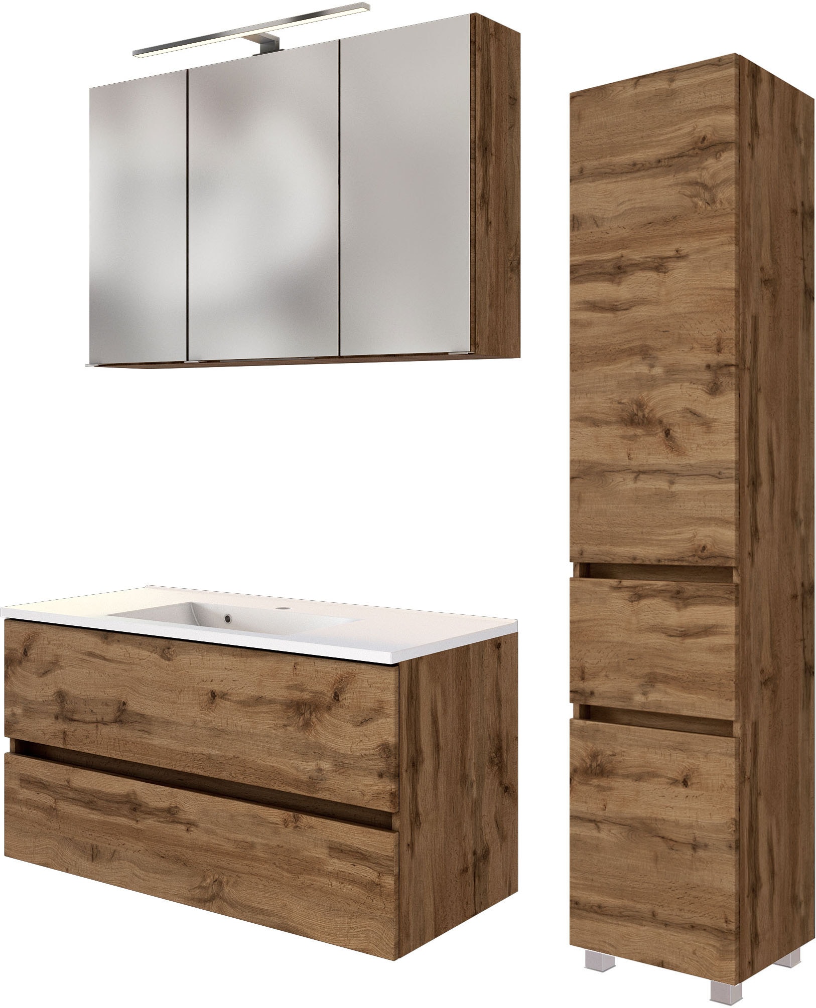 Badmöbel-Set WELLTIME "Welltime Möbel Baabe Waschtisch-Set 3tlg. oder 5tlg.", braun (wotaneiche), Set 7 3tlg.: Waschtisch 100cm breit, Spiegelschrank 100cm breit, Seitenschrank, Holzwerkstoff, Kastenmöbel-Sets, Badmöbel-Set, gedämpfte Scharniere und...