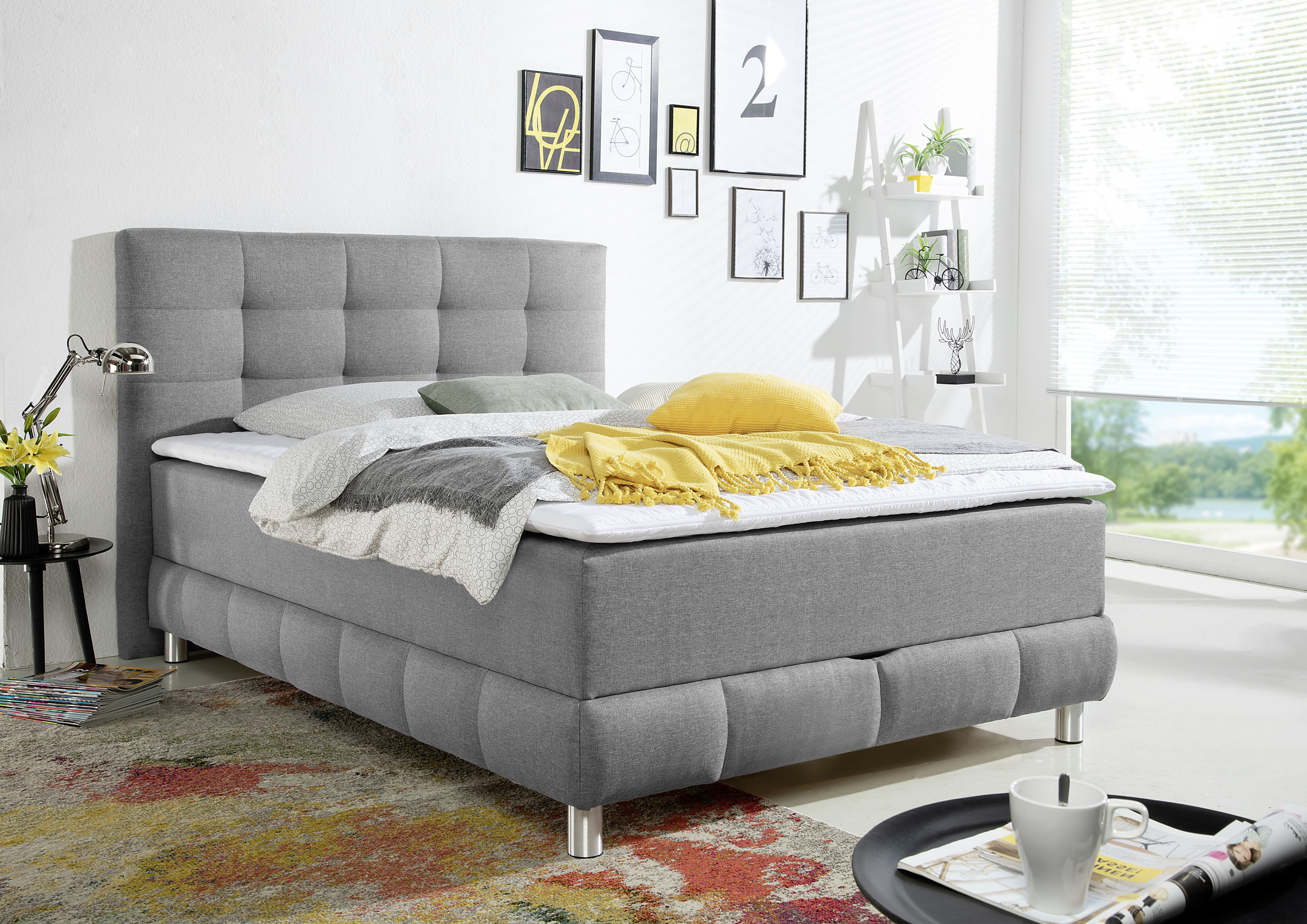Boxbett INOSIGN "Vaasa", grau, B:154cm L:230cm, Komplettbetten, inkl. Bettkasten & Topper, XXL-Ausführung, Überlänge 220 cm Image