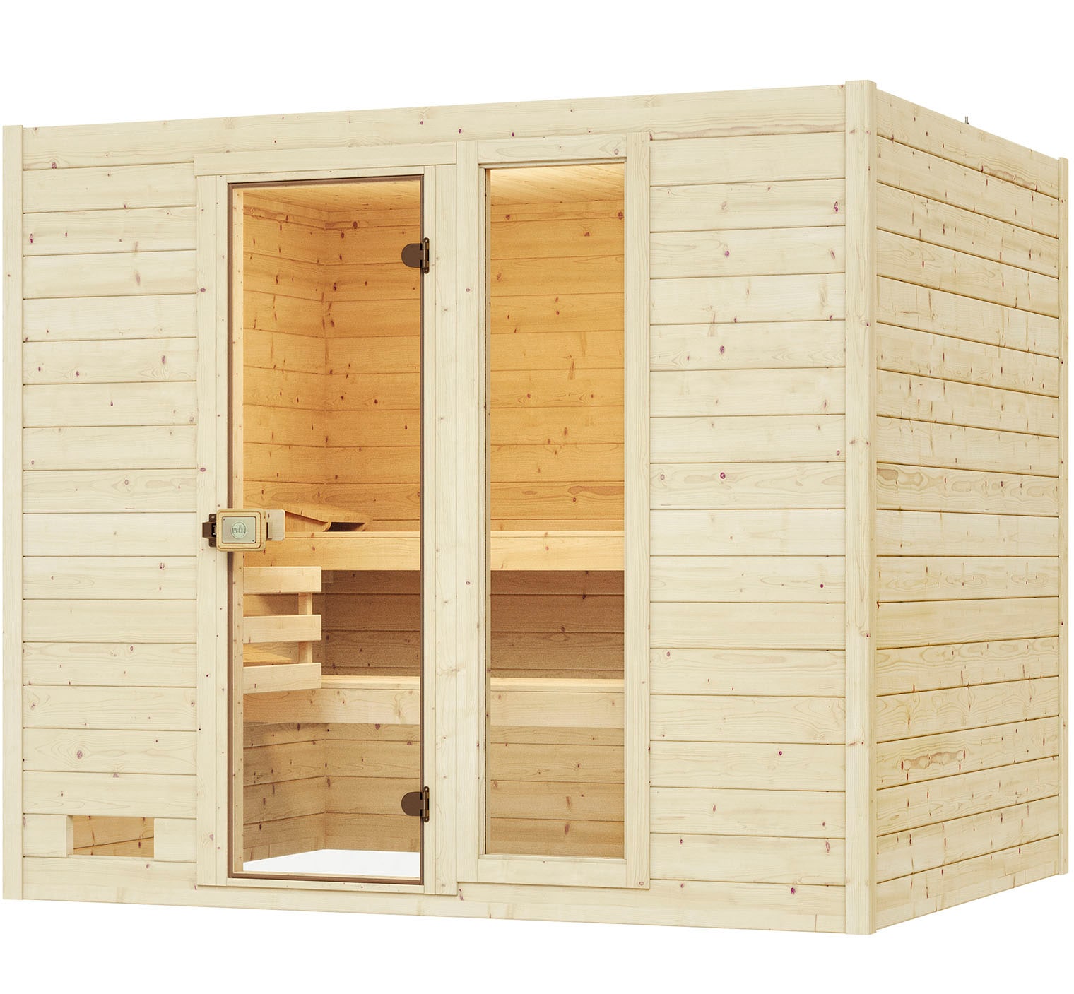 Sauna WEKA "Massivholzsauna VALIDA 4", beige (natur), Bio-Ofen, externe Steuerung, 7,5 kW, Saunen, Blockbohlen, Fensterelement, moderne Ganzglastür