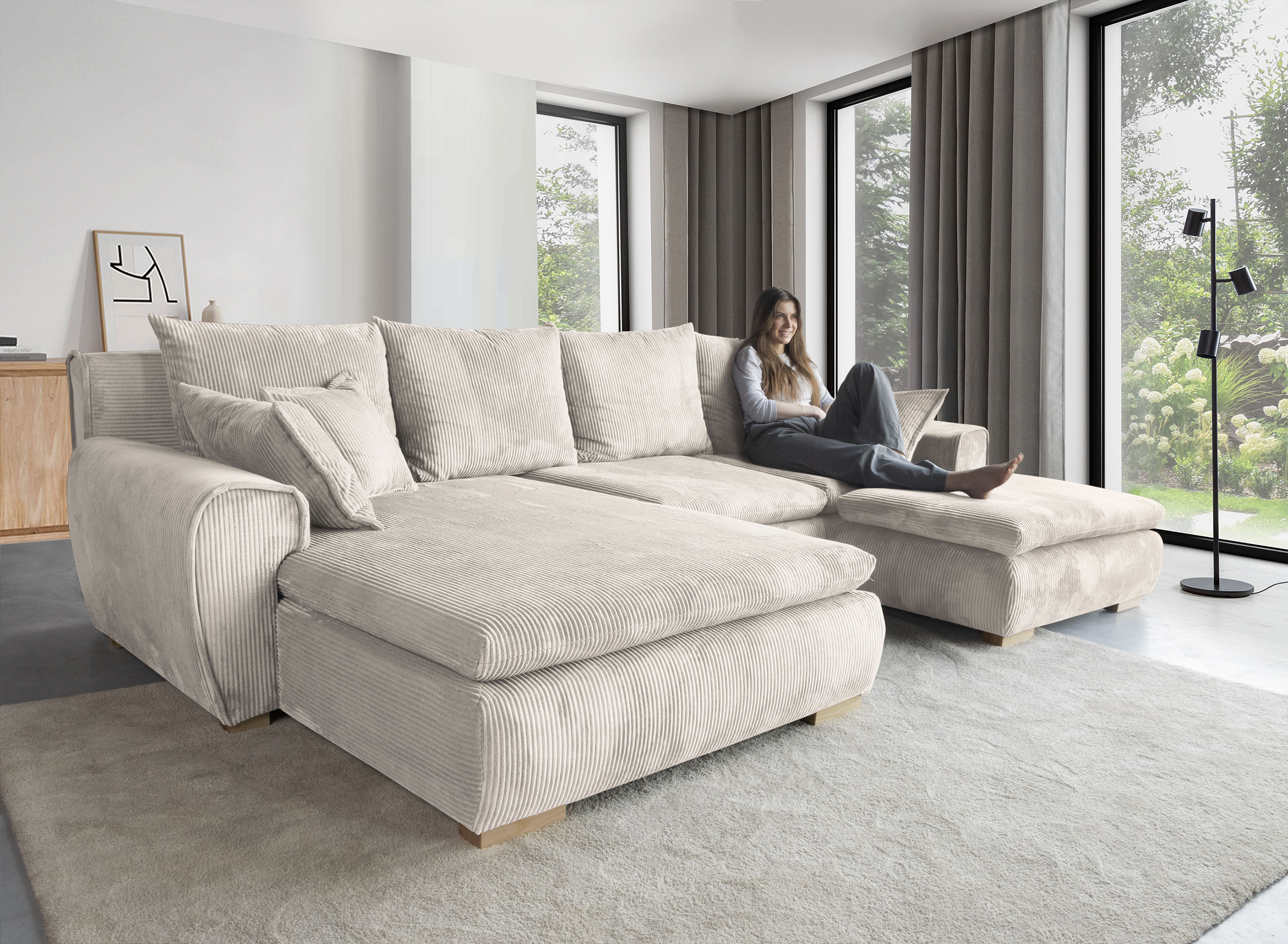 Ecksofa HOME AFFAIRE "Katja L-Form, B: 325 cm - OTTO. Verlässliche Qualität.", beige (cream), B:325cm T:183cm, 100% Polyester, Sofas, Ecksofa, mit Bettfunktion, Bettkasten & 4 Zierkissen, Topseller