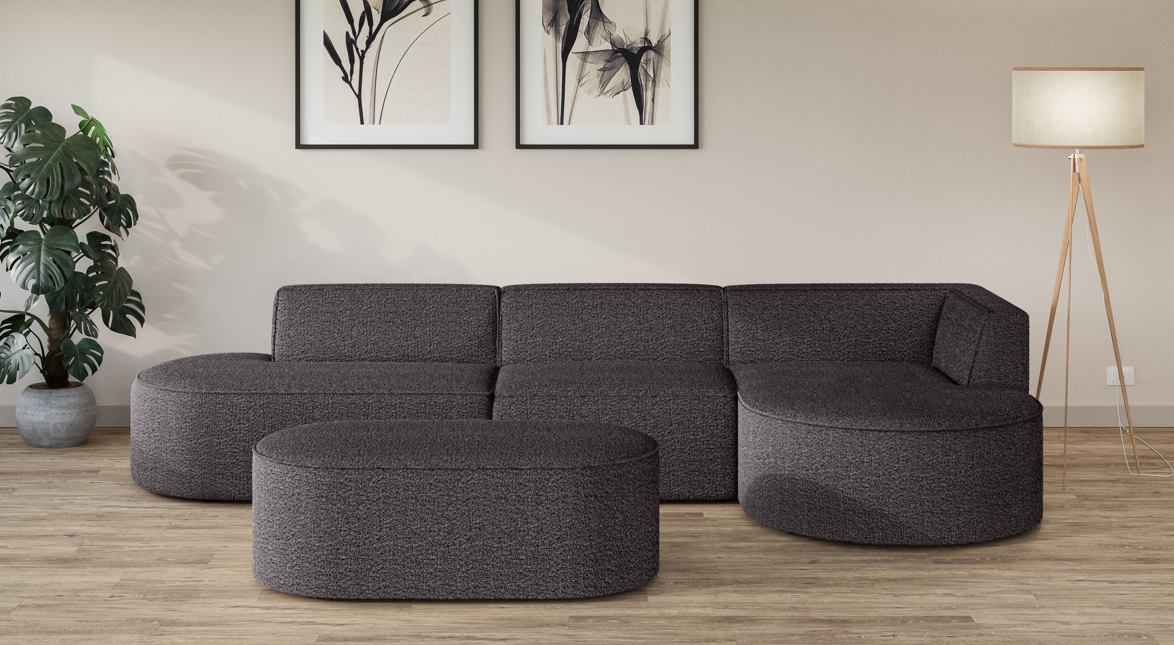 Ecksofa ANDAS "EIVIND Designer Sofa mit Ottomane rechts/links, B/T/H: 343/159/72 cm", grau (anthrazit), B:343cm H:72cm T:159cm, 100% Polyester, Sofas, L-Form mit Wellenunterfederung, auch in Feincord und Bouclé