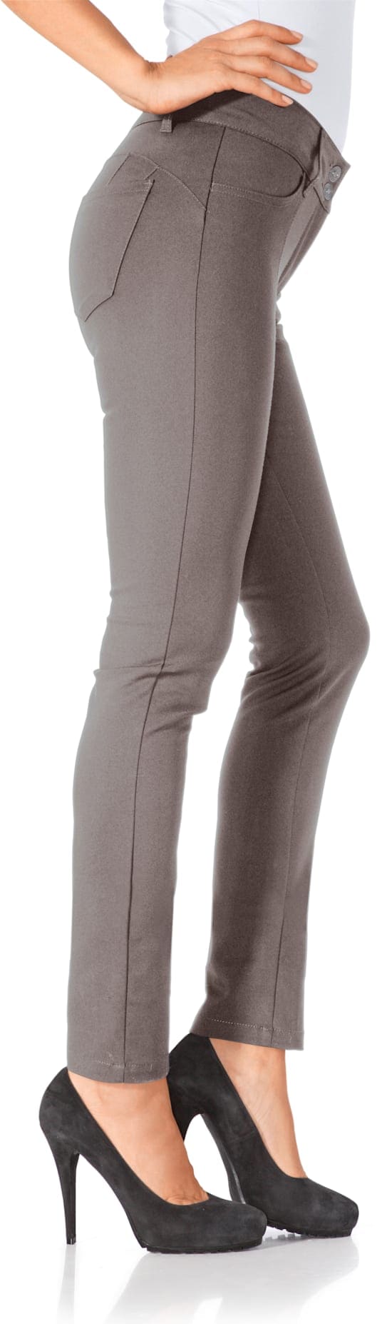 Röhrenhose HEINE, Damen, Gr. 23, Kurzgrößen, grau (taupe), 48% Baumwolle, 45% Polyester, 7% Elasthan, Miedereinsatz:15% Elasthan, 85% Polyamid, unifarben, lang, Hosen