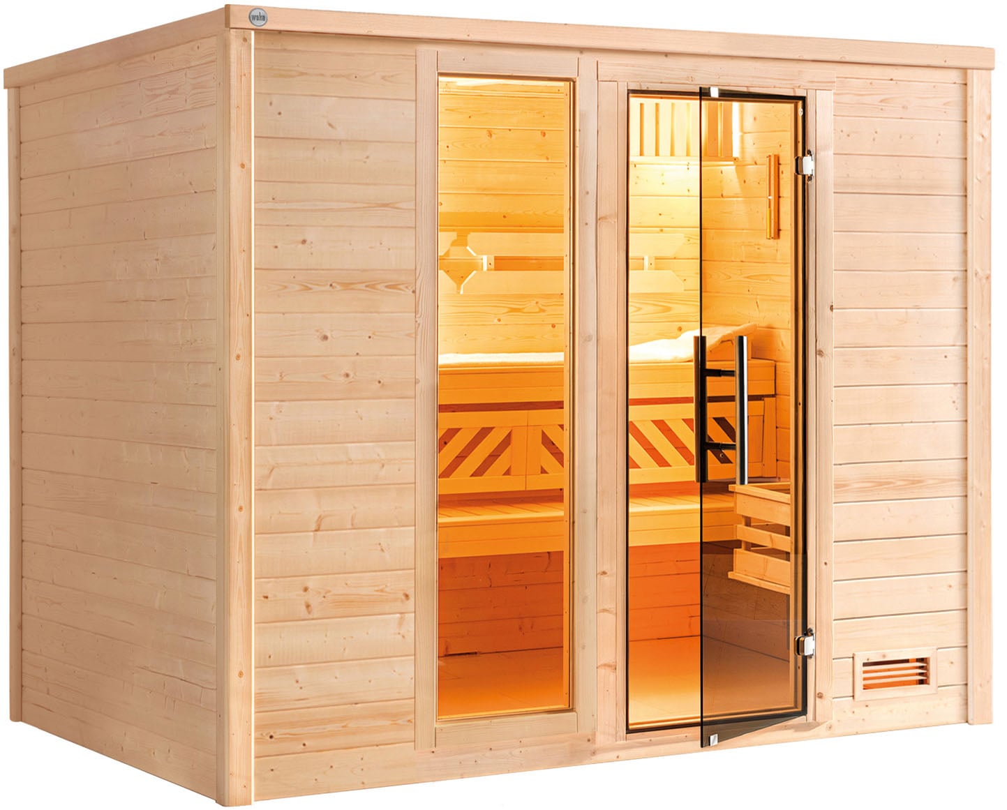 Sauna WEKA "Massivholzsauna BERGEN 3", beige (natur), Saunaofen, externe Steuerung, 9 kW, Saunen, Blockbohlen, Fensterelement, moderne Ganzglastür