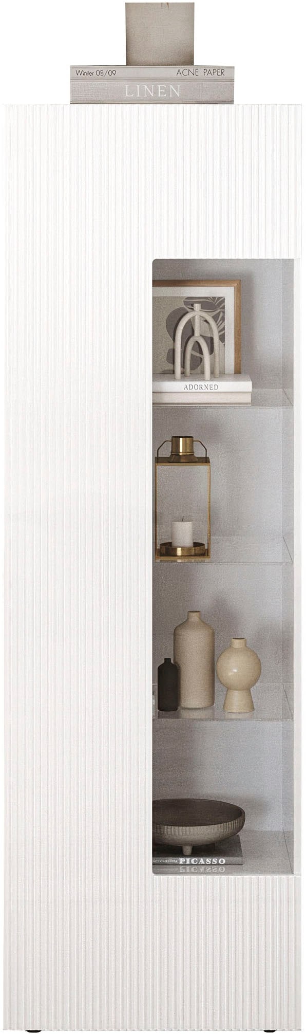 Vitrine INOSIGN "RIO, Höhe 187 cm, Hochschrank mit 1 Tür, Anrichte, Standvitrine", weiß hochglanz lack, front mit geriffelter struktur, B:60cm H:187cm T:42cm, FSC-zertifizierter Holzwerkstoff, Schränke, Vitrinenschrank, geriffelte MDF-Front, modern,...