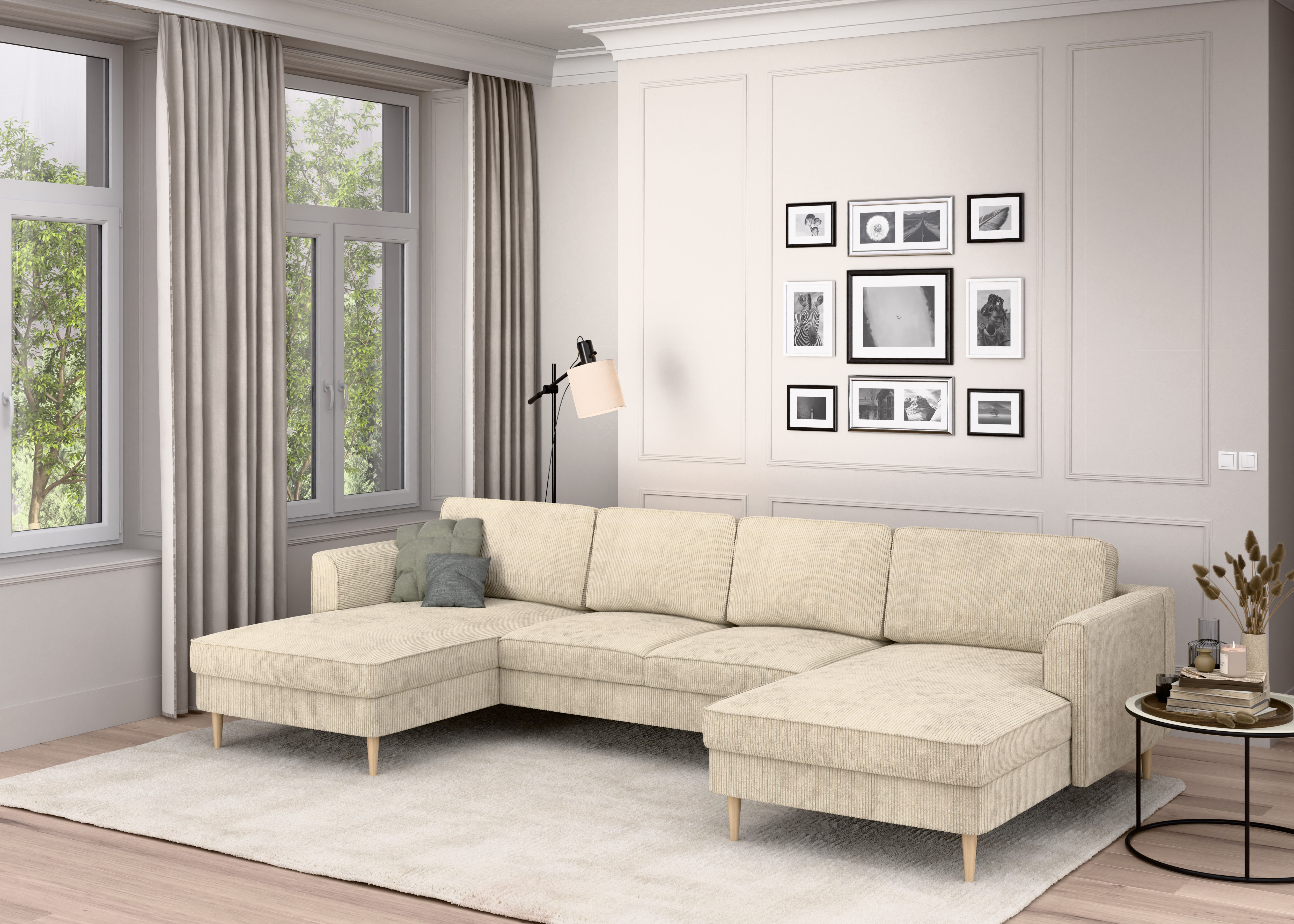 Wohnlandschaft HOME AFFAIRE "Booster, whlw. mit Schlaffunktion & Bettkasten, Fuß Buche lackiert", cream, B:305cm H:83cm T:161cm, 92% Polyester, 8% Polyamid, Sofas, Sofa in U-Form, Breite 305 cm